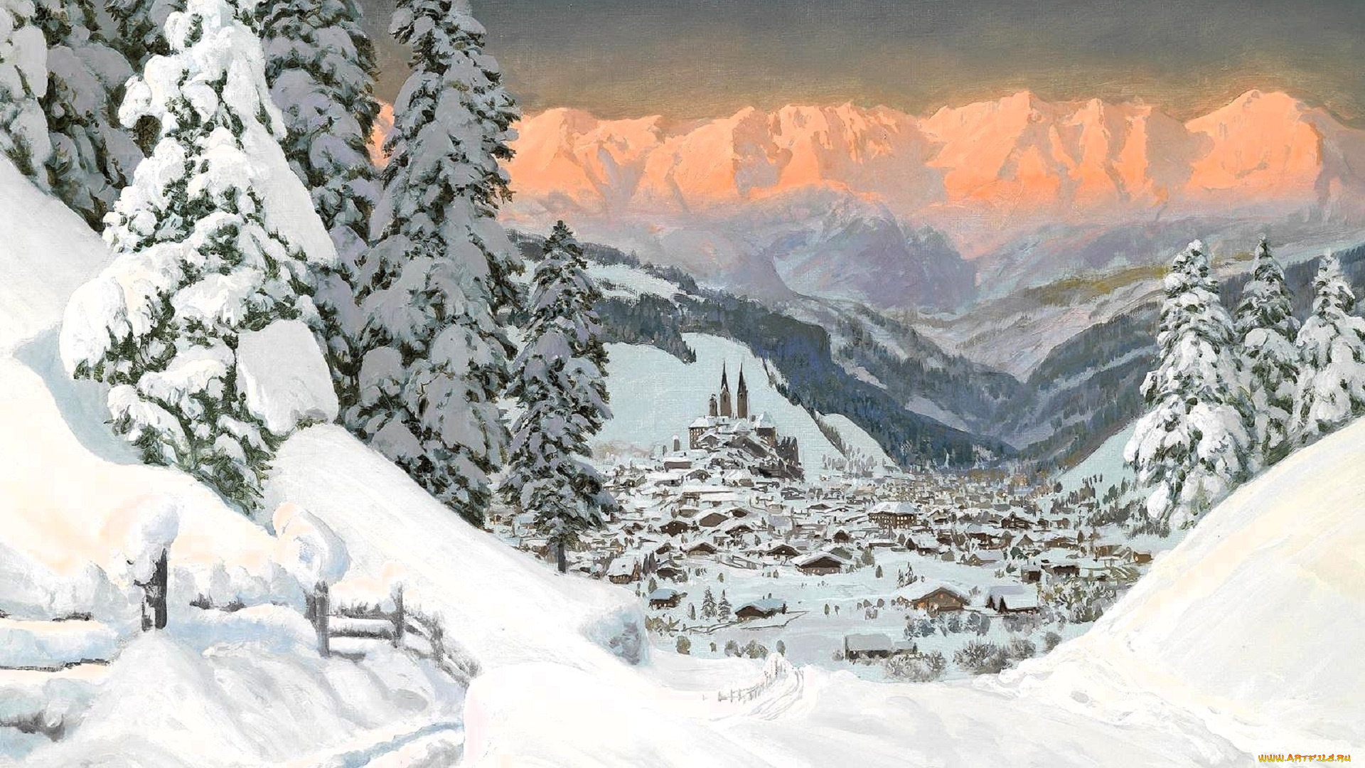 рисованное, alois, arnegger, город, горы, долина, лес, ёлки, снег, зима, следы
