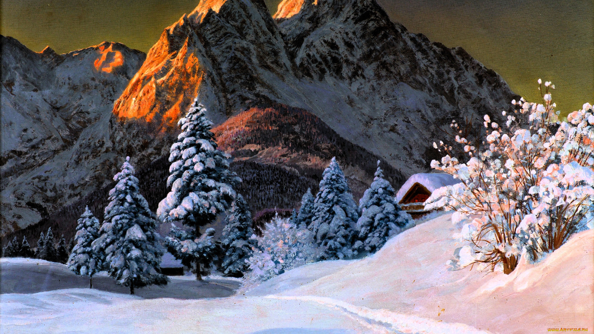 рисованное, alois, arnegger, горы, снег, зима, деревья, кусты, дом