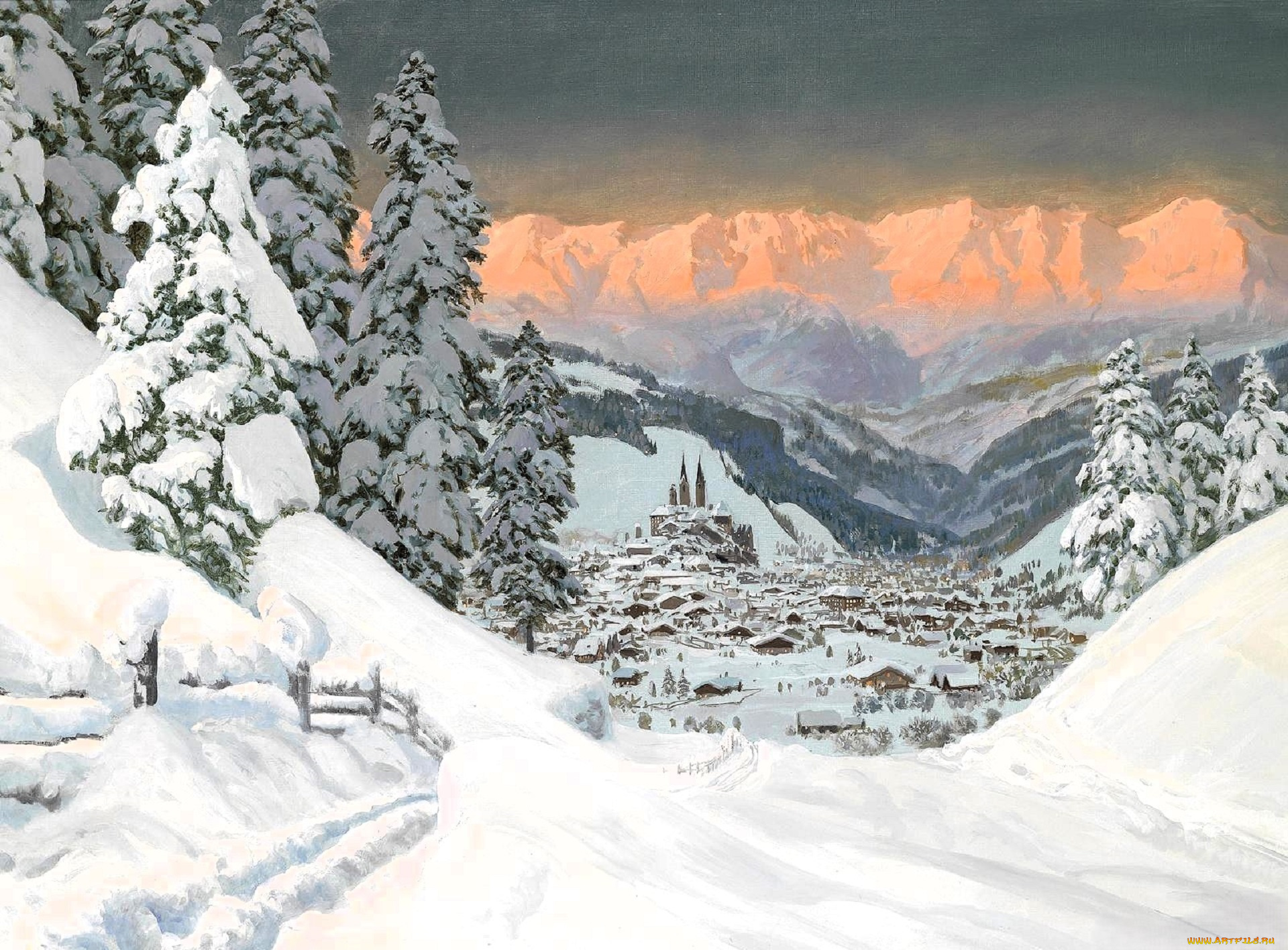 рисованное, alois, arnegger, город, горы, долина, лес, ёлки, снег, зима, следы