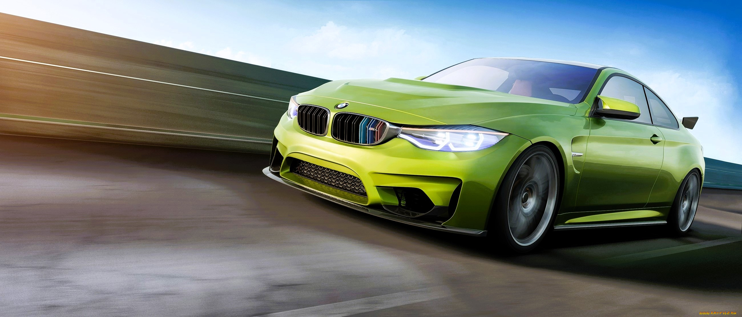 bmw, m4, автомобили, 3д, зеленый, скорость, дорога