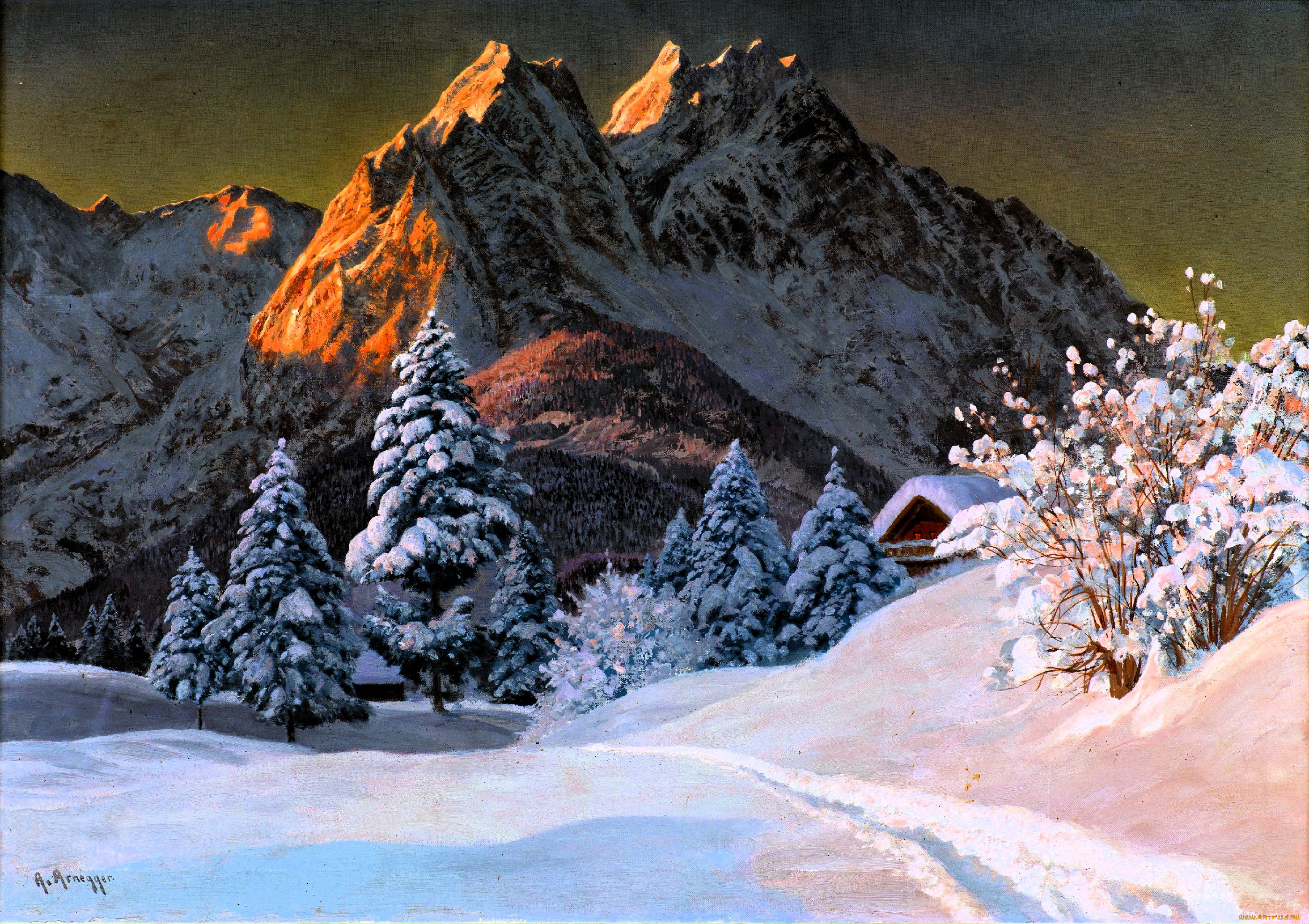 рисованное, alois, arnegger, горы, снег, зима, деревья, кусты, дом