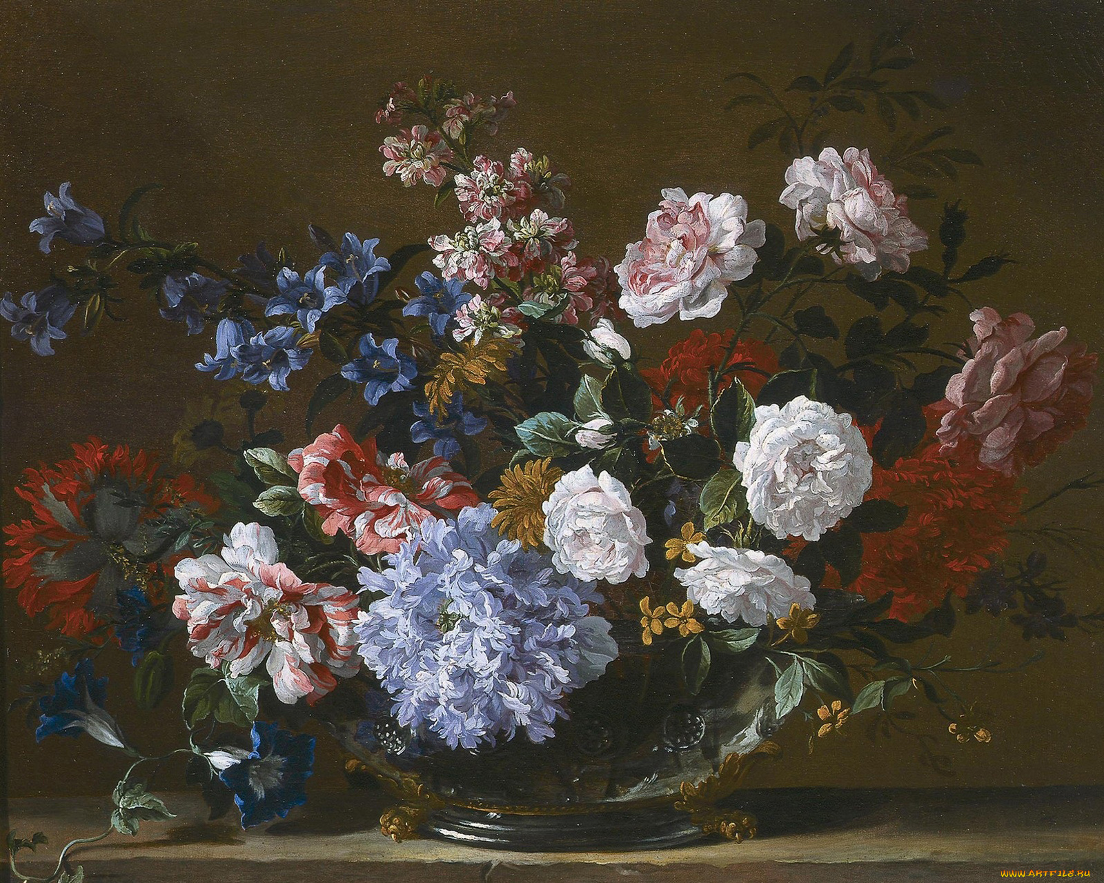 рисованные, jean, baptiste, monnoyer, цветы, в, серебряной, вазе