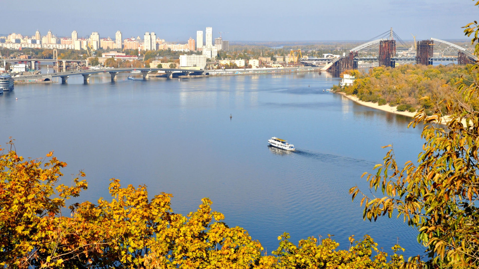 города, киев, украина, здания, мост, река, днепр