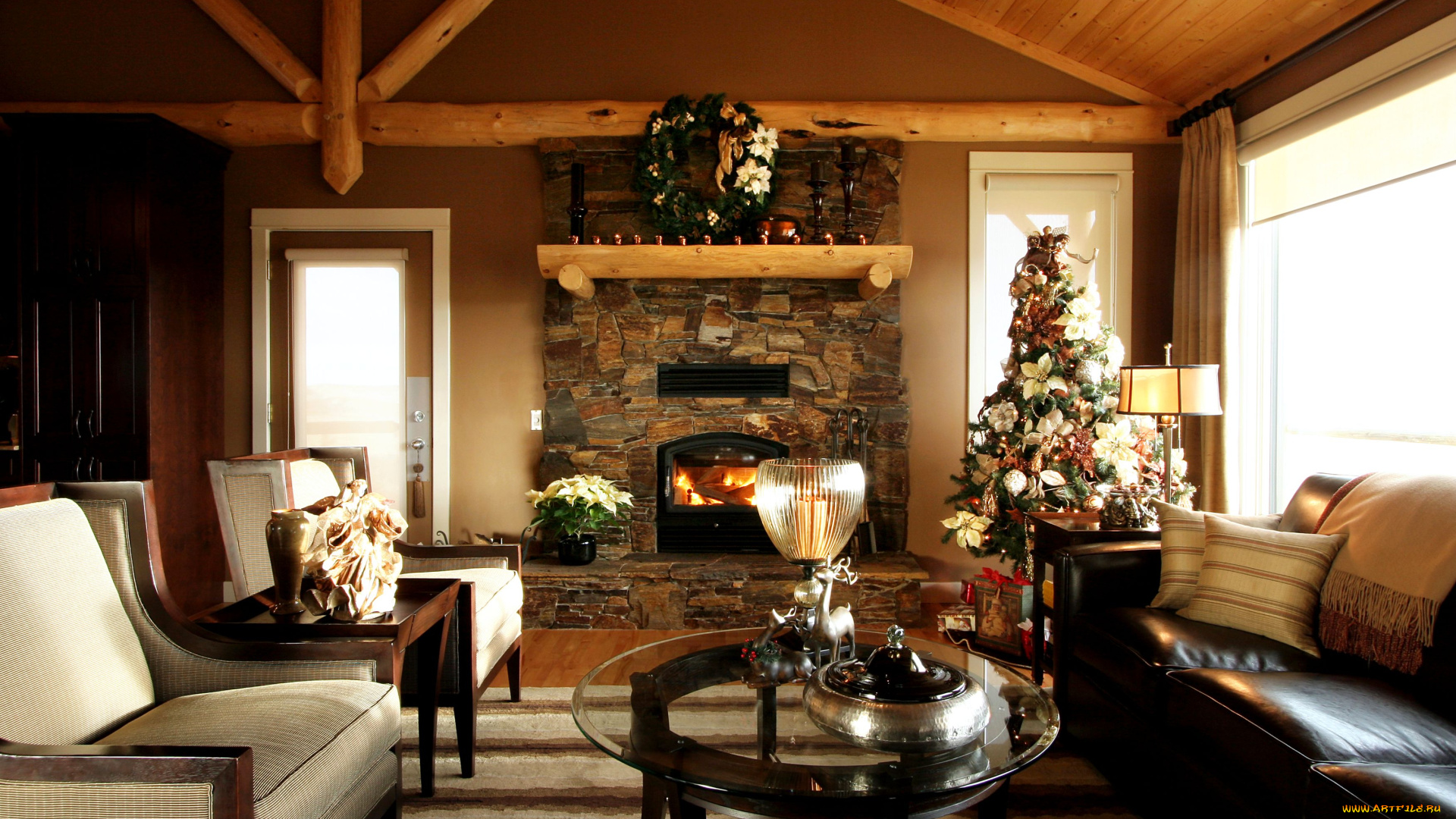 интерьер, гостиная, кресла, стол, праздник, ёлка, диваны