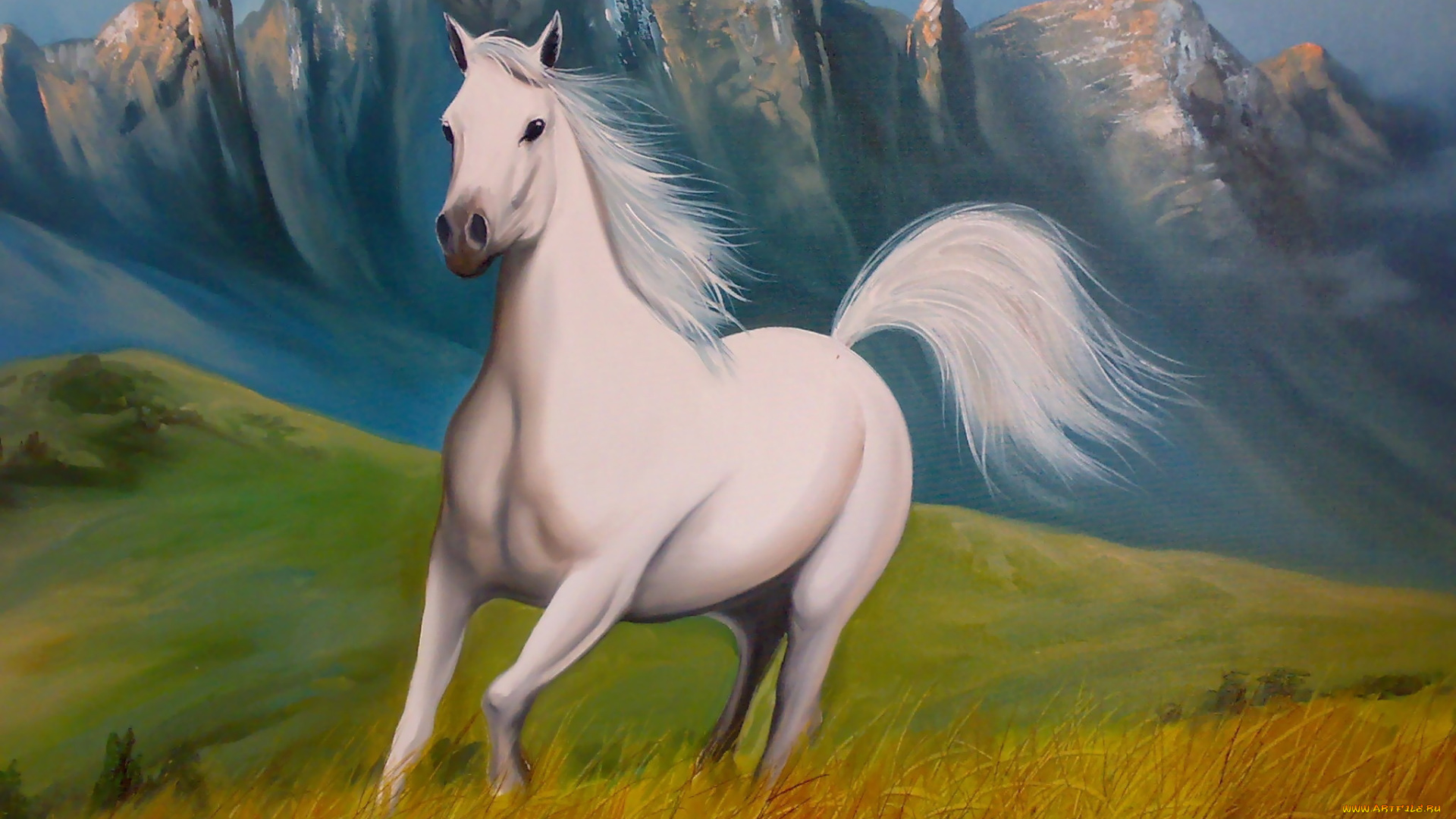 рисованные, животные, лошади, трава, горы