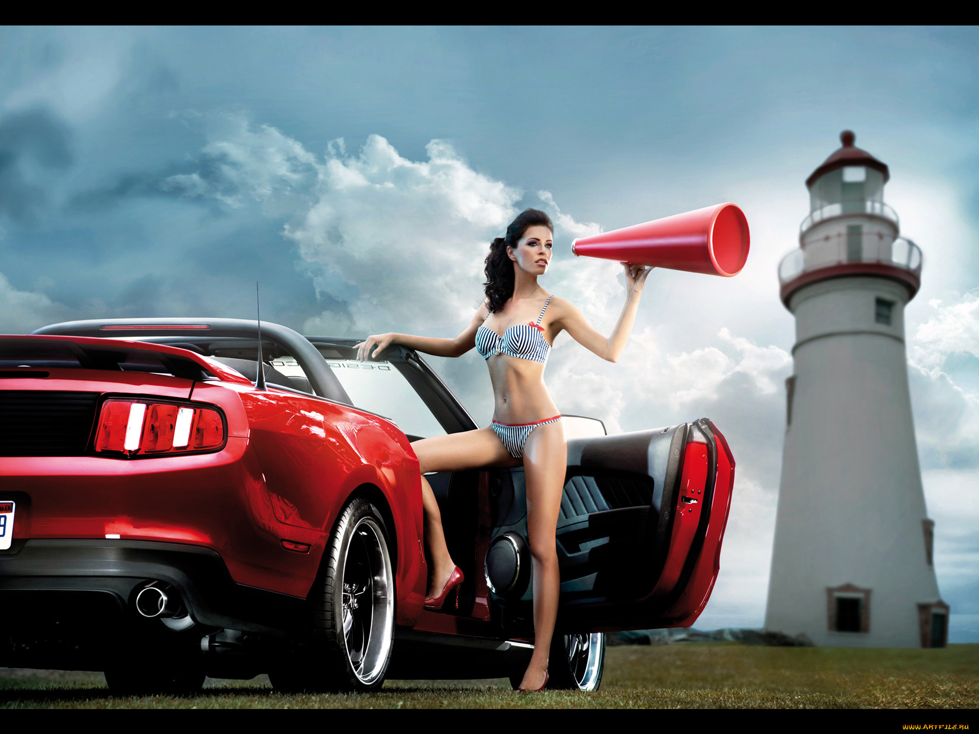 автомобили, авто, девушками, рупор, маяк, брюнетка