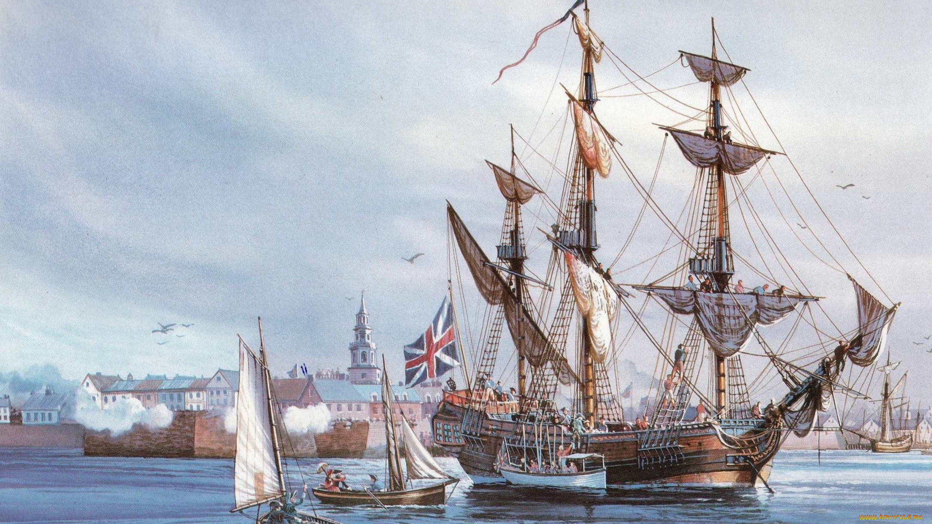 корабли, рисованные, лодки, фрегат, парусник
