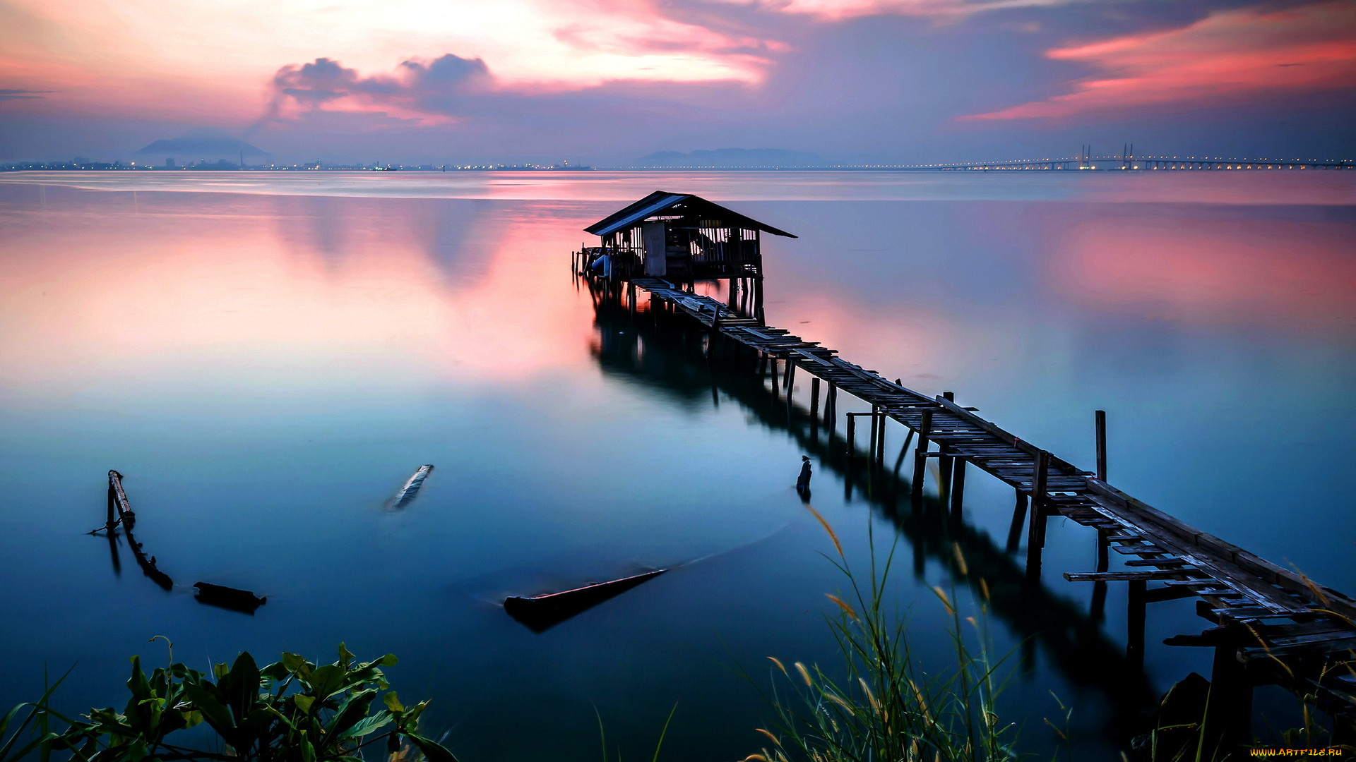 природа, побережье, река, огни, мостик, будка