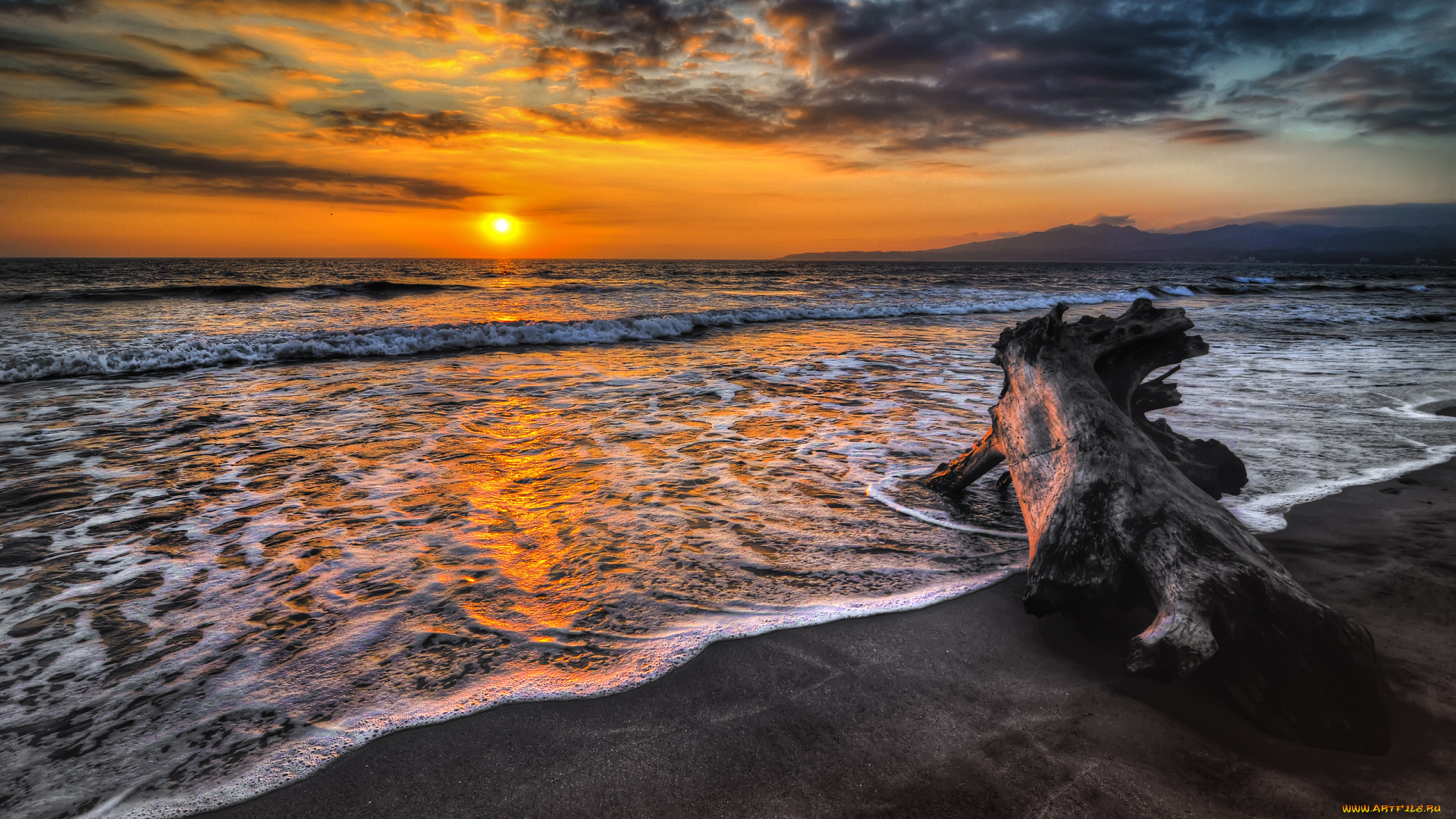 природа, восходы, закаты, бревно, закат, океан