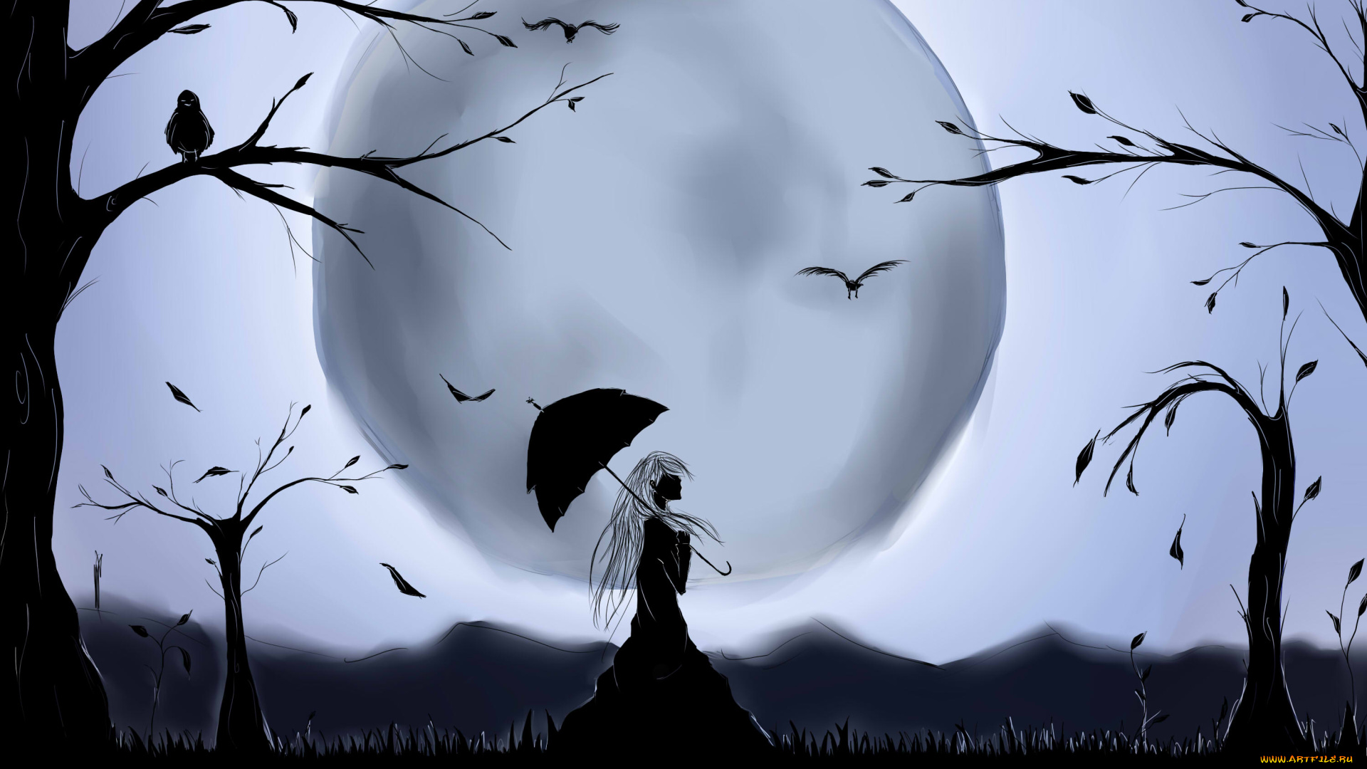 рисованные, люди, деревья, зонтик, девушка