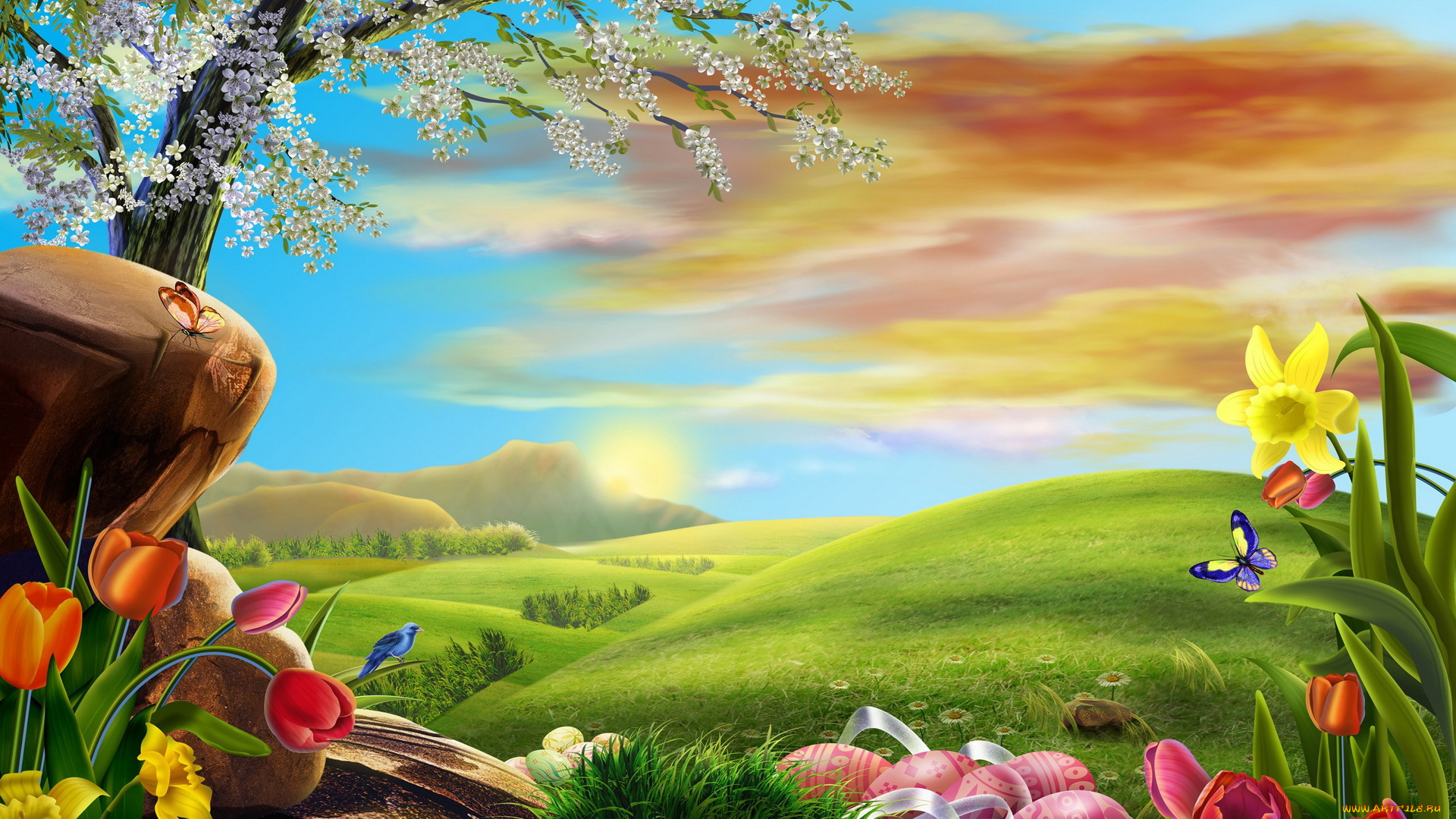рисованные, природа, ожидание, весна, цветение, яйца