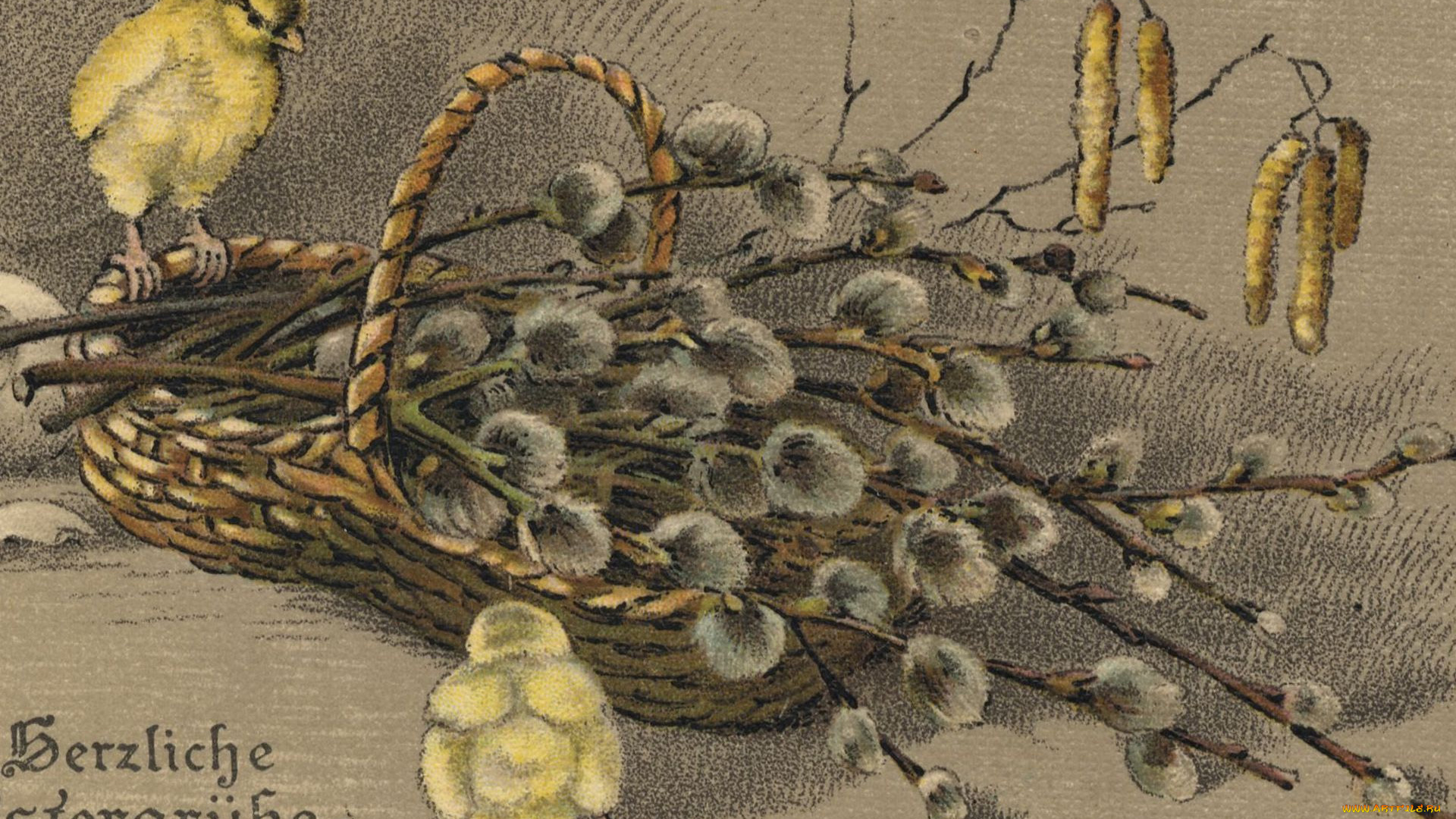 рисованные, живопись, корзинка, цыплята, верба, почки, ветки