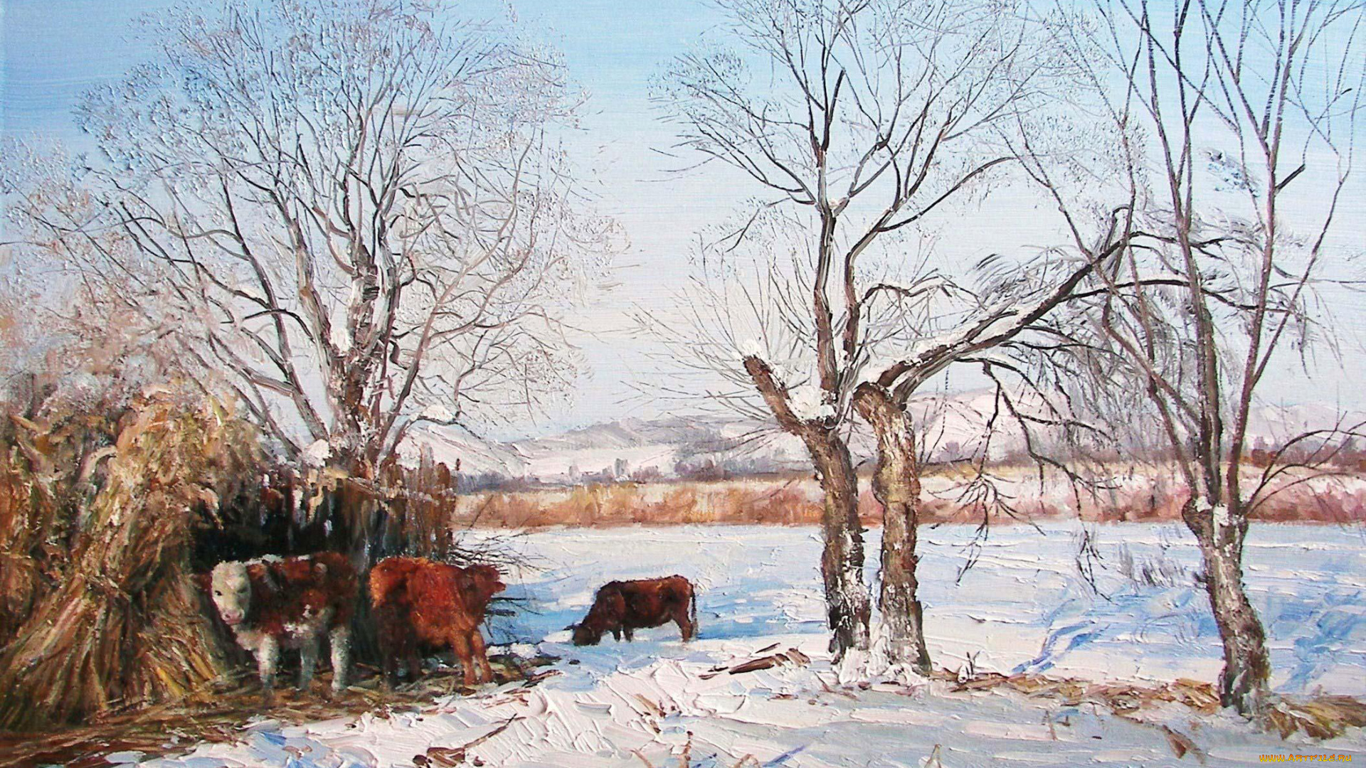 рисованные, живопись, снег, зима, коровы, деревья