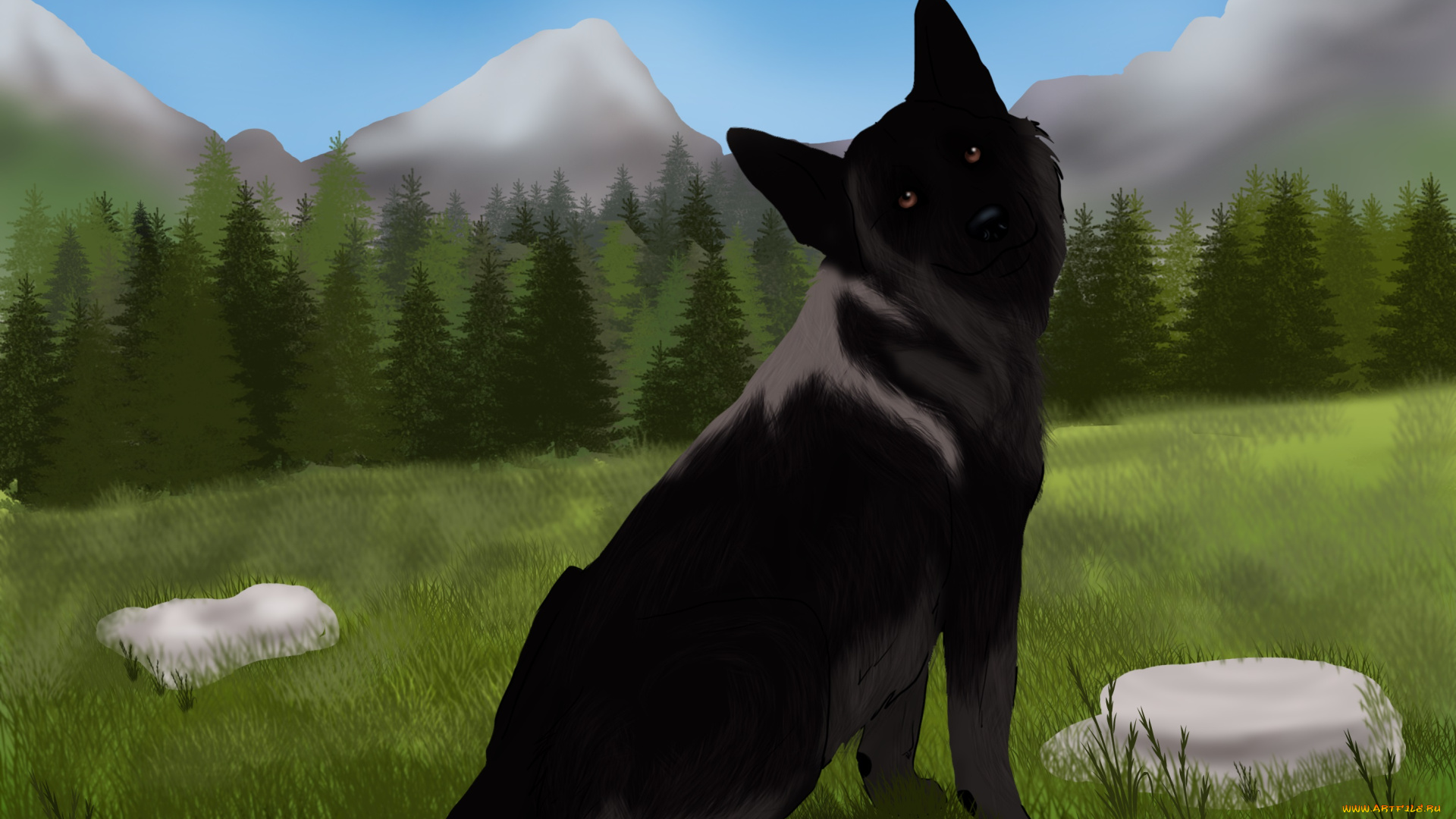 рисованные, животные, собаки, трава, собака, лес, горы