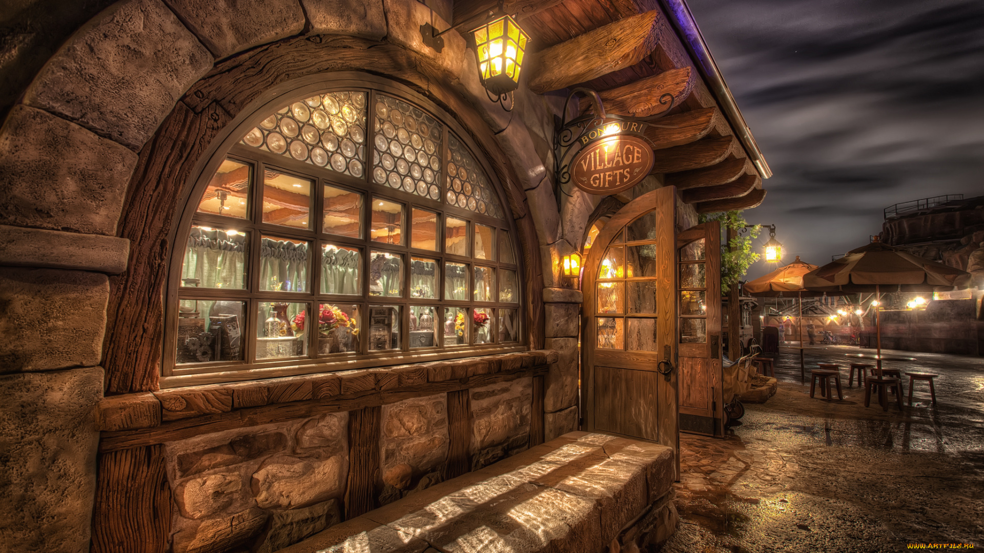 belle`s, village, города, диснейленд, фонари, кафе, улица, ночь