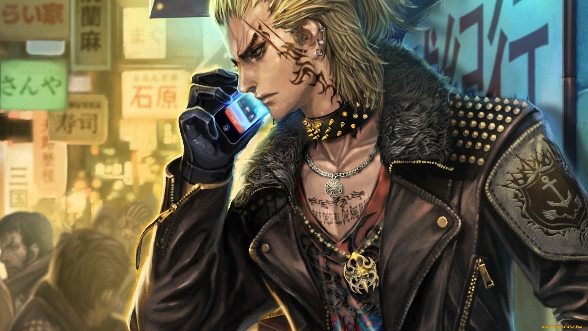 фэнтези, люди, шрам, татуировки, улица, мобильник, телефон, парень, арт