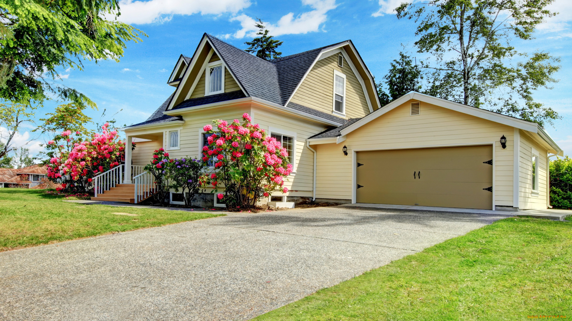 города, -, здания, , дома, дом, кусты, ландшафт, особняк, цветы