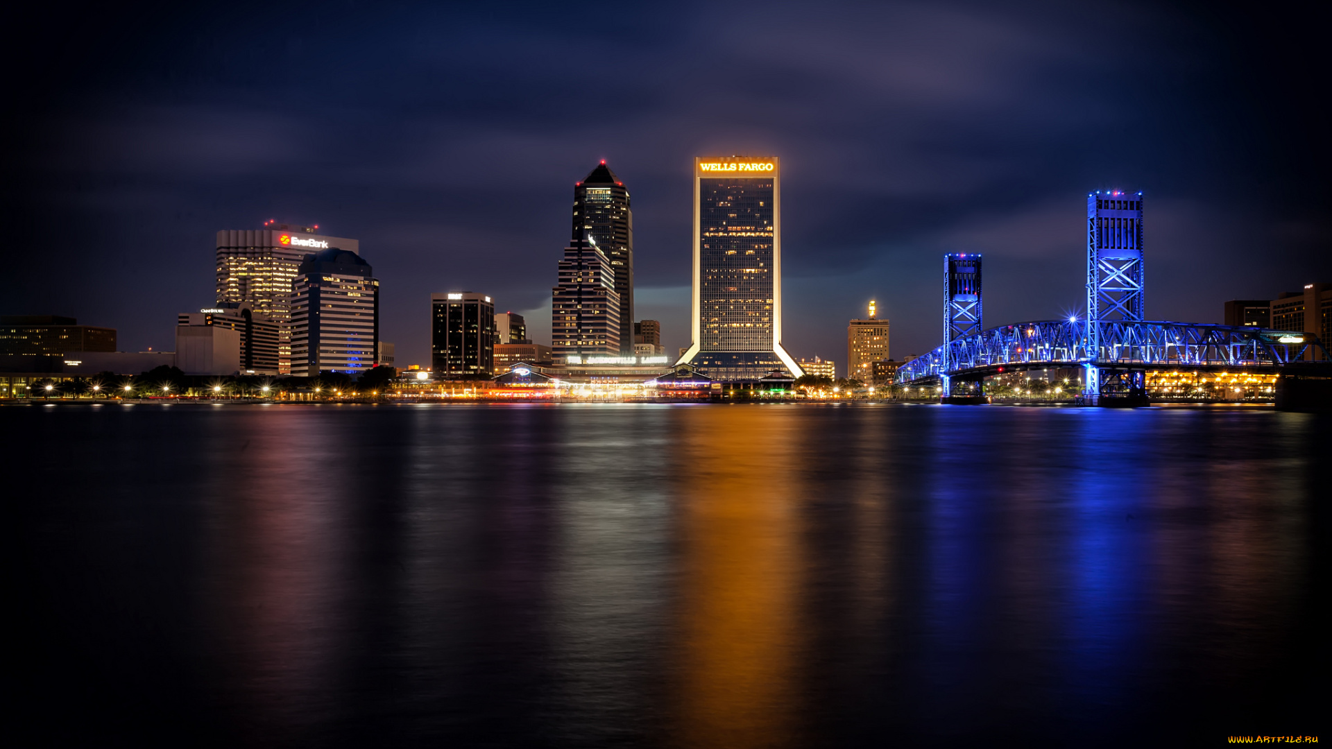 jacksonville, skyline, города, -, огни, ночного, города, здания, ночь, огни, мост