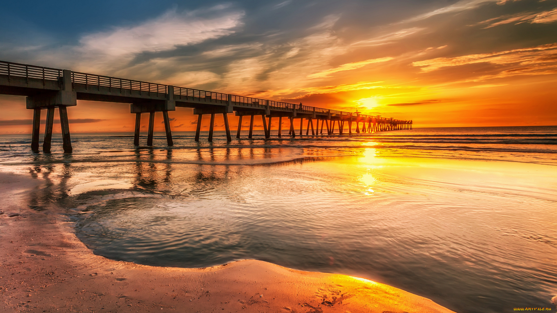природа, восходы, закаты, океан, пляж, мост, горизонт, солнце, сияние