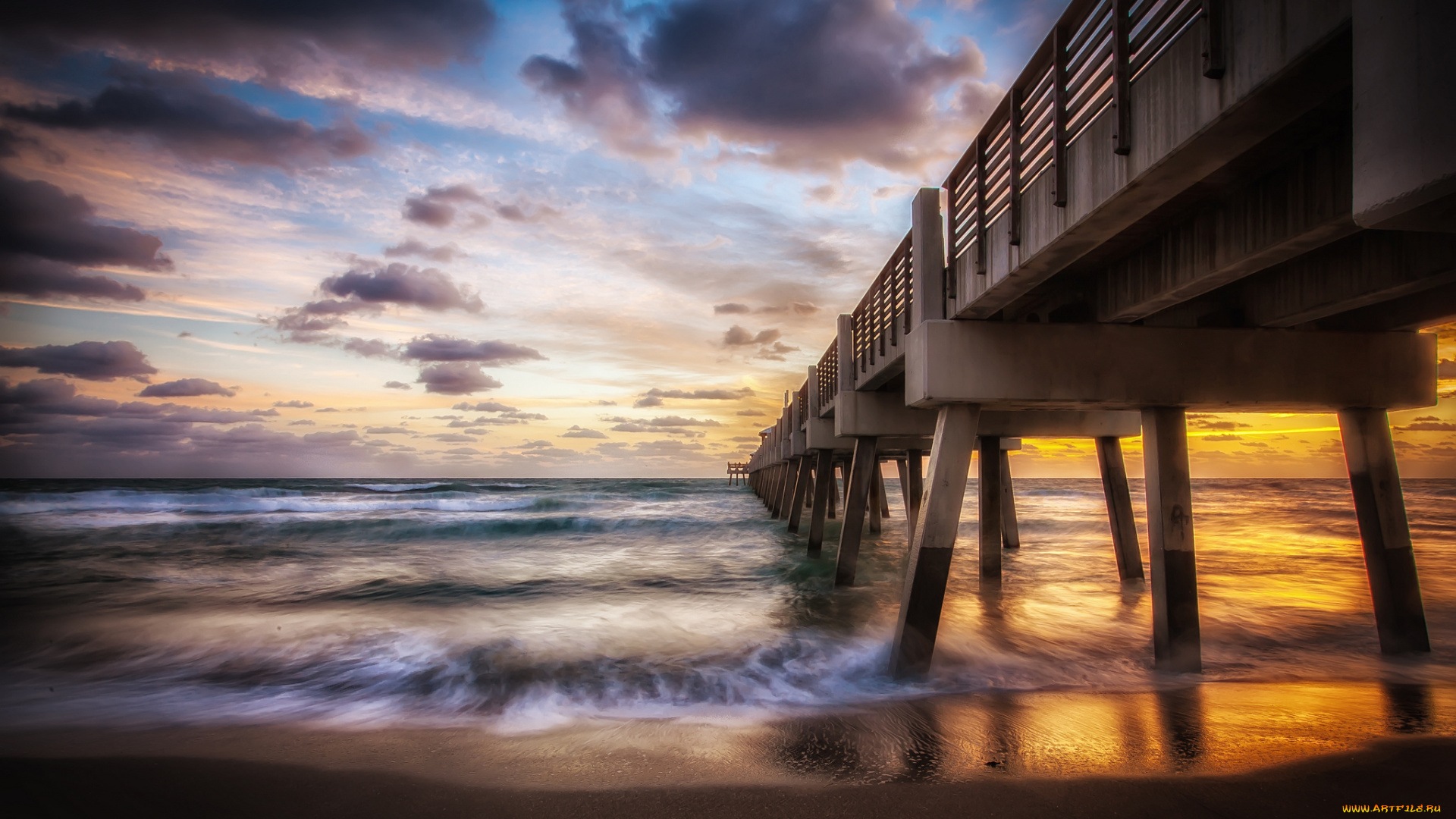 природа, восходы, закаты, зарево, тучи, горизонт, мост, пляж, океан