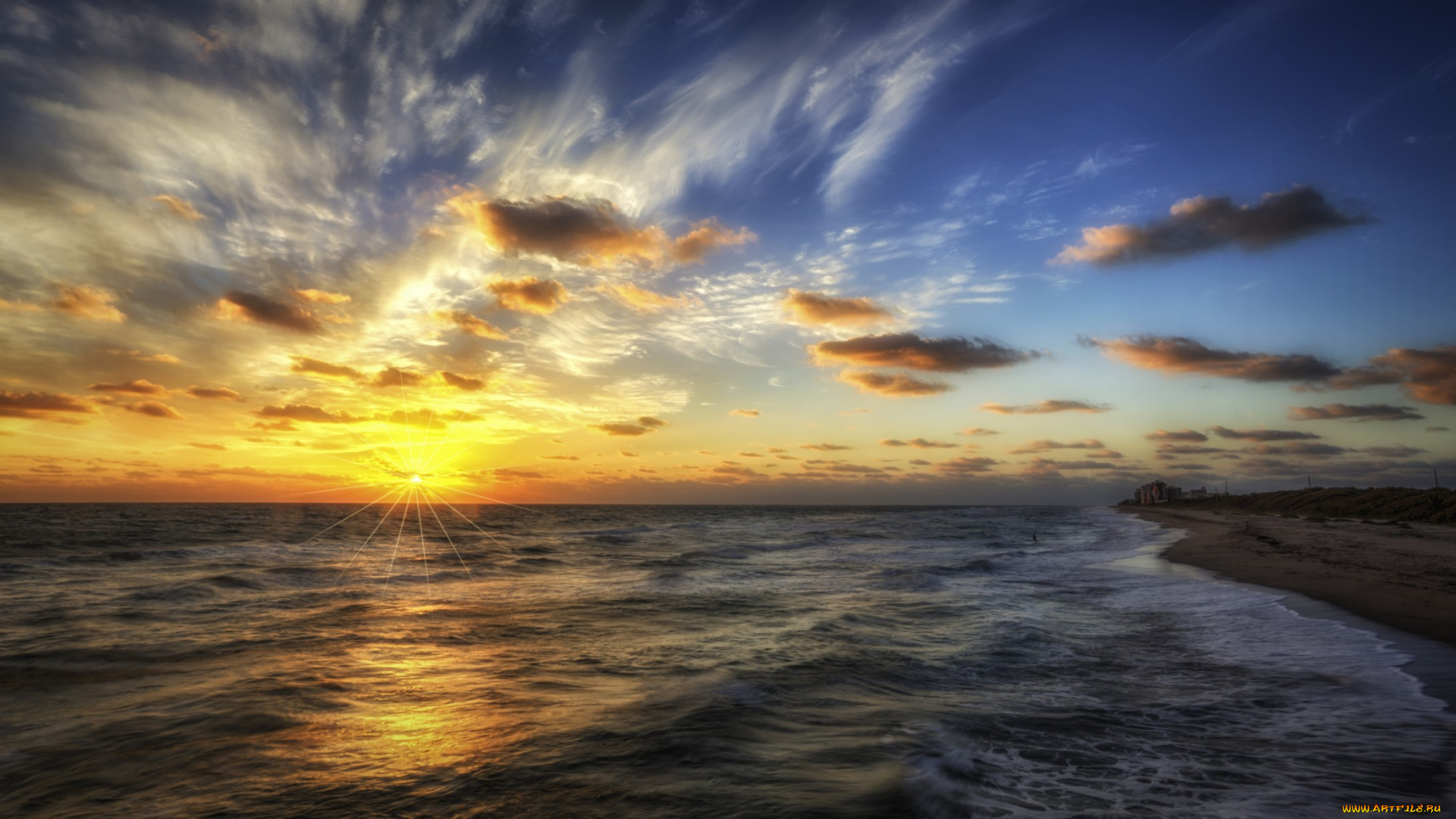 природа, восходы, закаты, заря, облака, волны, пляж, океан