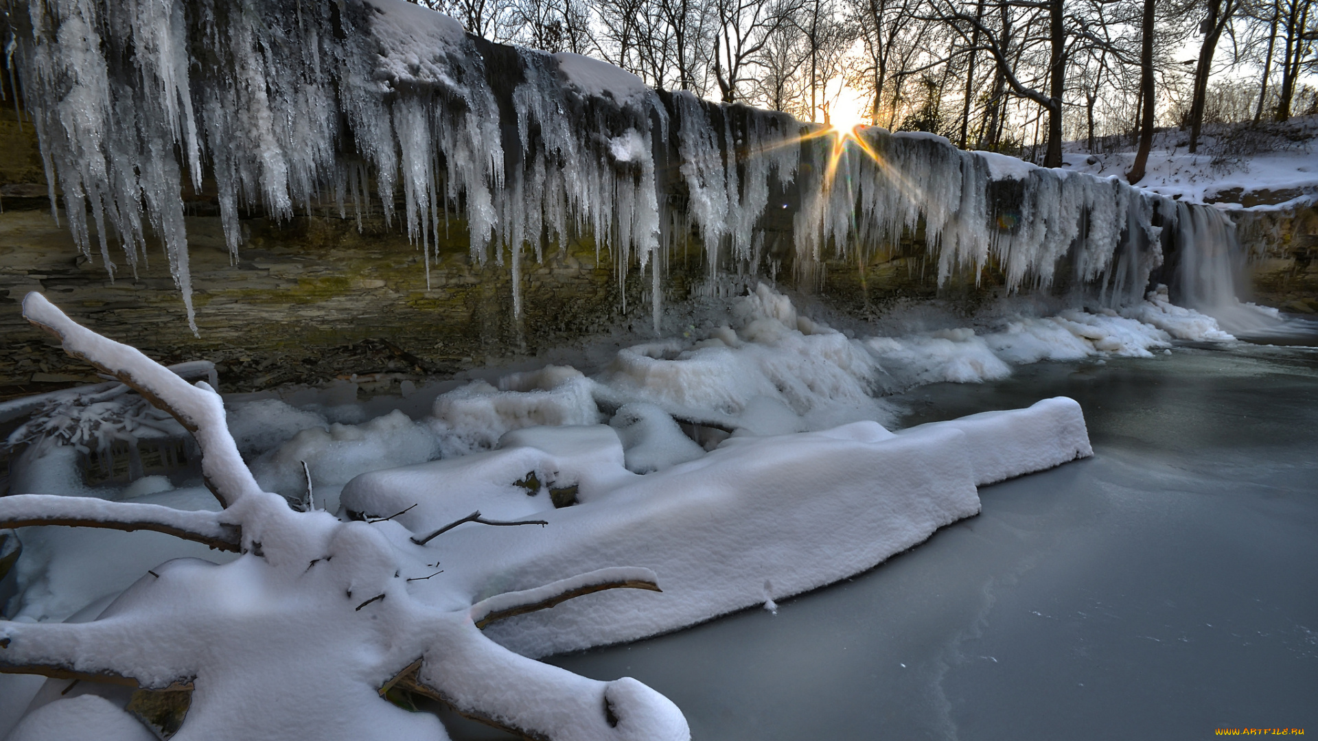 природа, зима, снег, сосульки, уступ, лёд