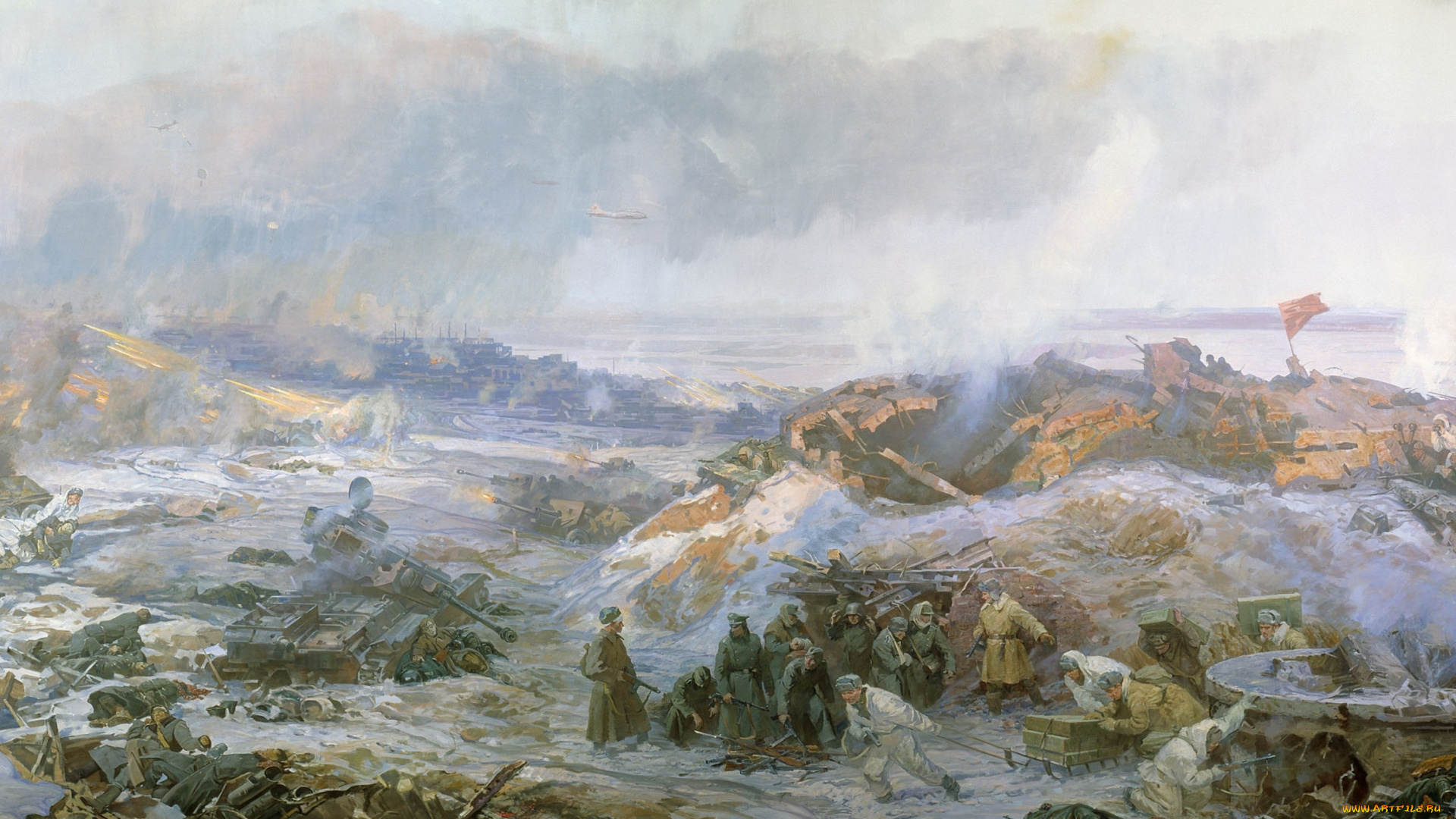 рисованные, армия, сталинград, зима, дым, руины, солдаты, пехота