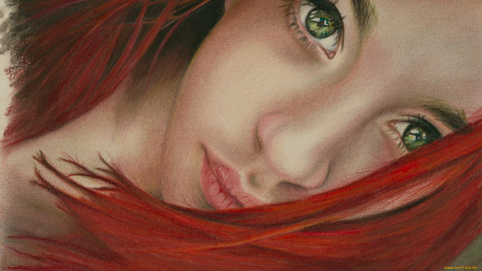 рисованные, люди, шея, губы, зеленые, взгляд, глаза, лицо, волосы, рыжая, девушка