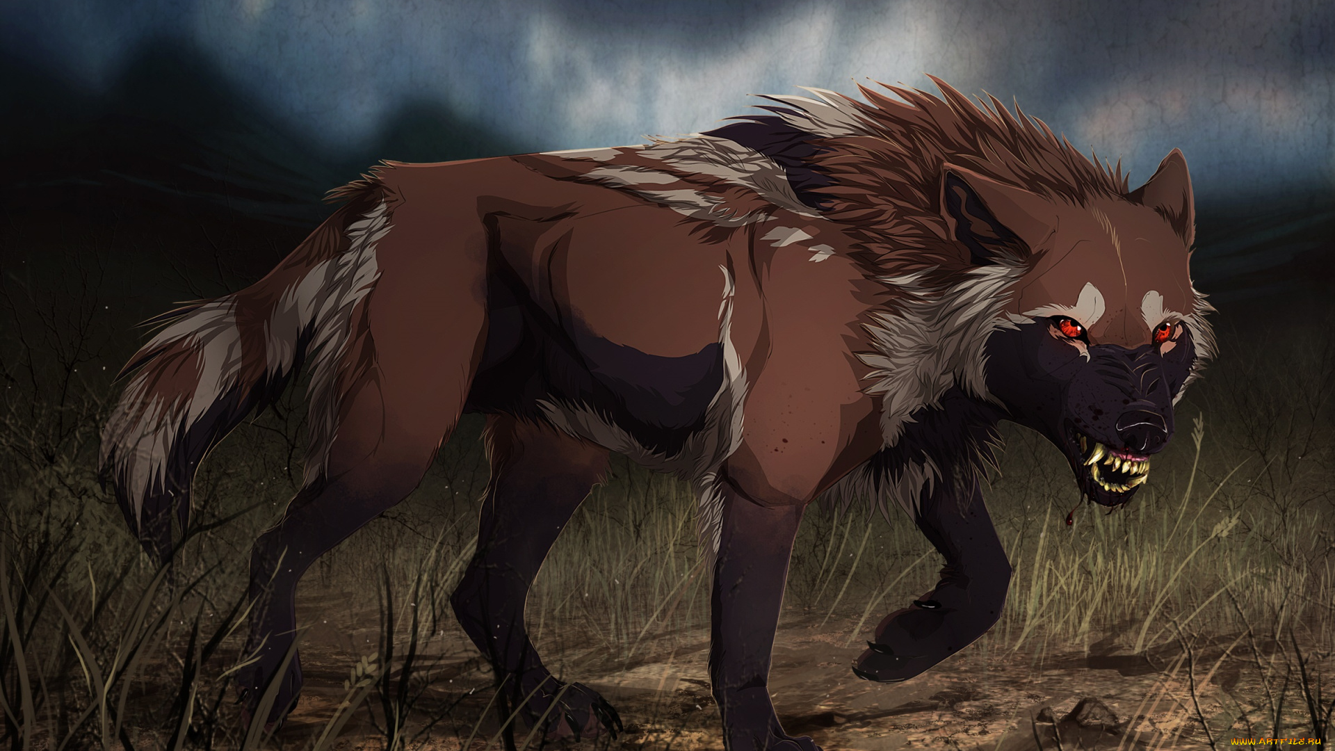 рисованные, животные, , гиены, коричневый, зверь, трава, красные, глаза