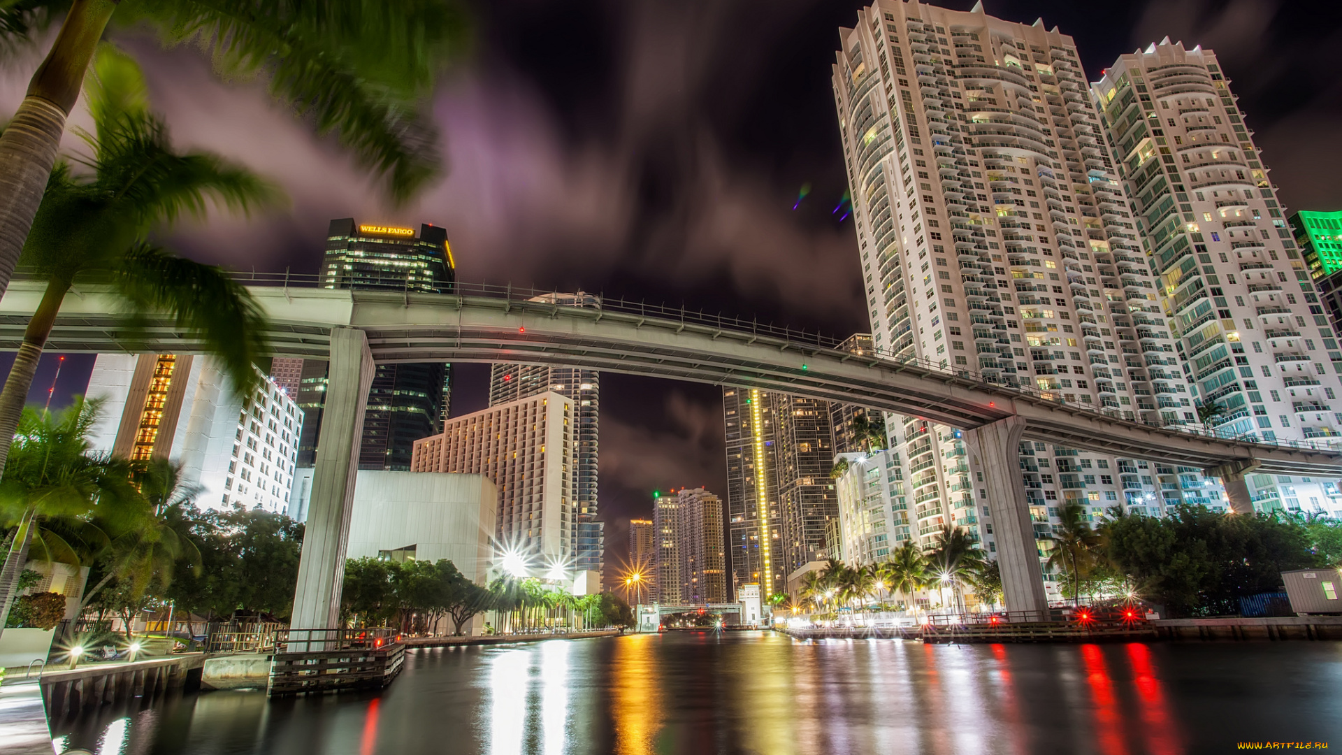 riverside, miami, города, -, мосты, река, ночь, небоскрёбы, огни, мост