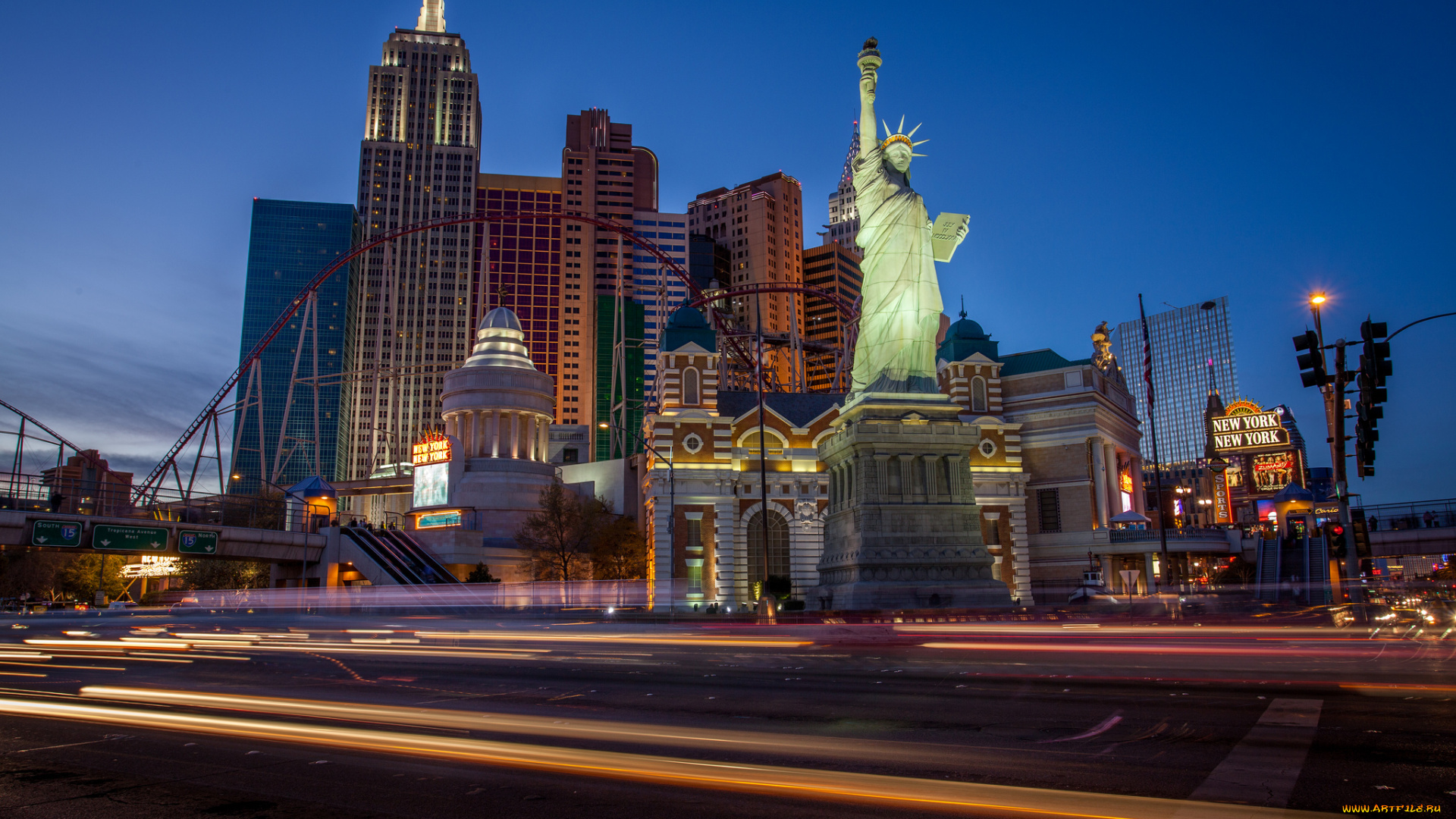 the, big, apple, , vegas, style, города, лас-вегас, , сша, статуя, казино, ночь