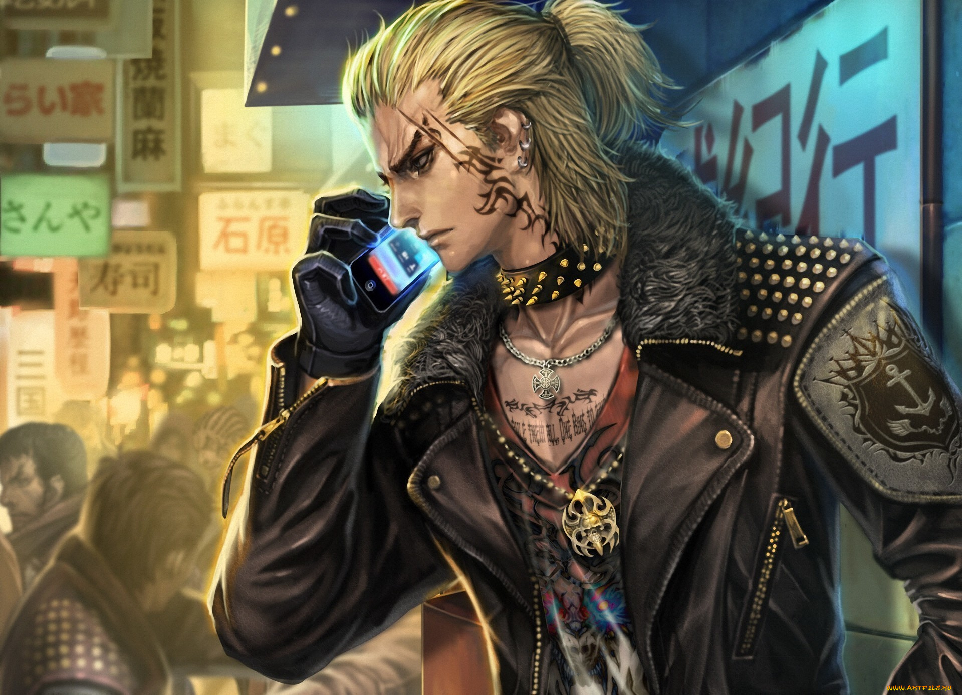 фэнтези, люди, шрам, татуировки, улица, мобильник, телефон, парень, арт