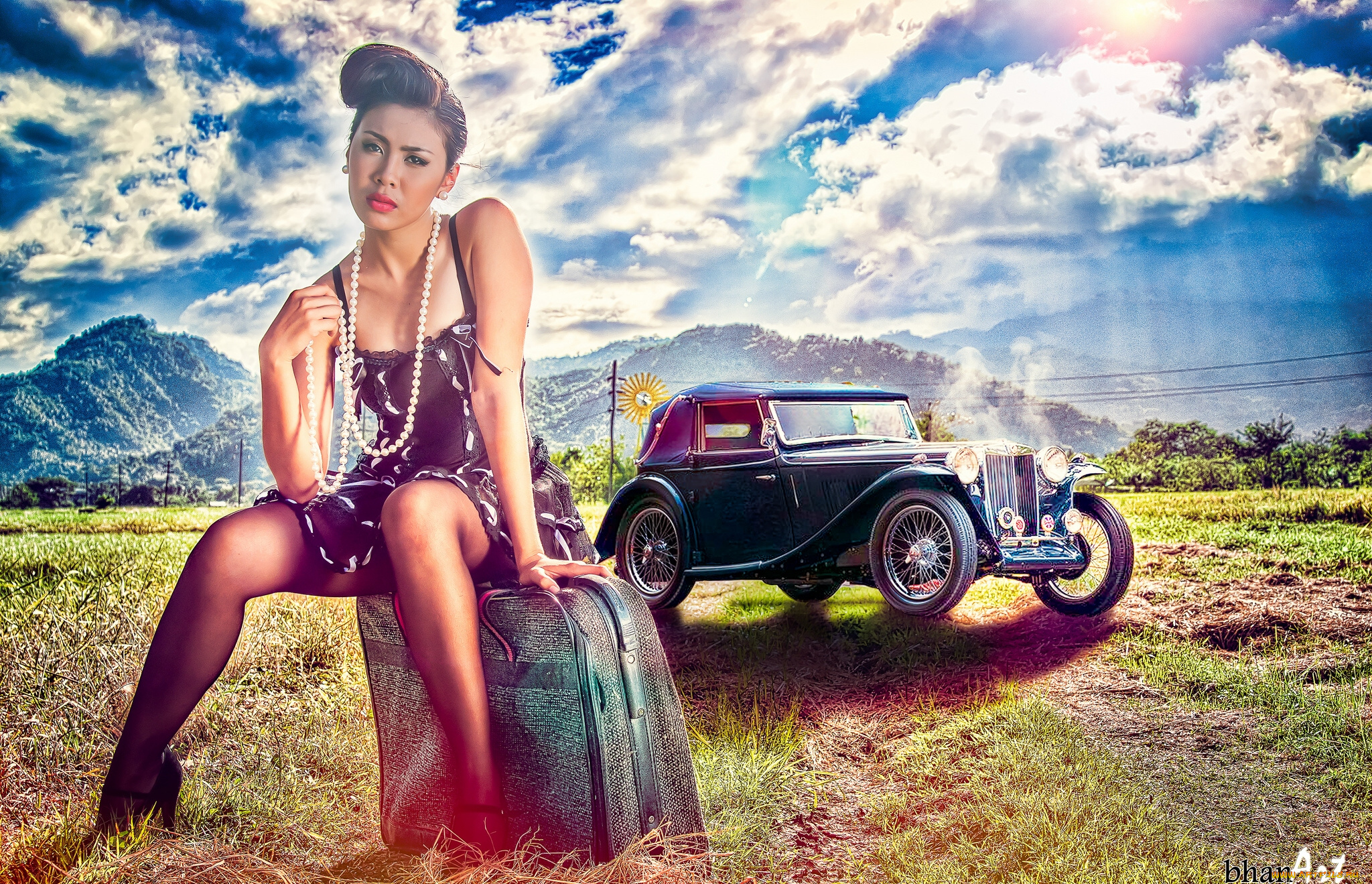 автомобили, авто, с, девушками, азиатка, hdr, бусы, сумка, авто, девушка, природа, ретро