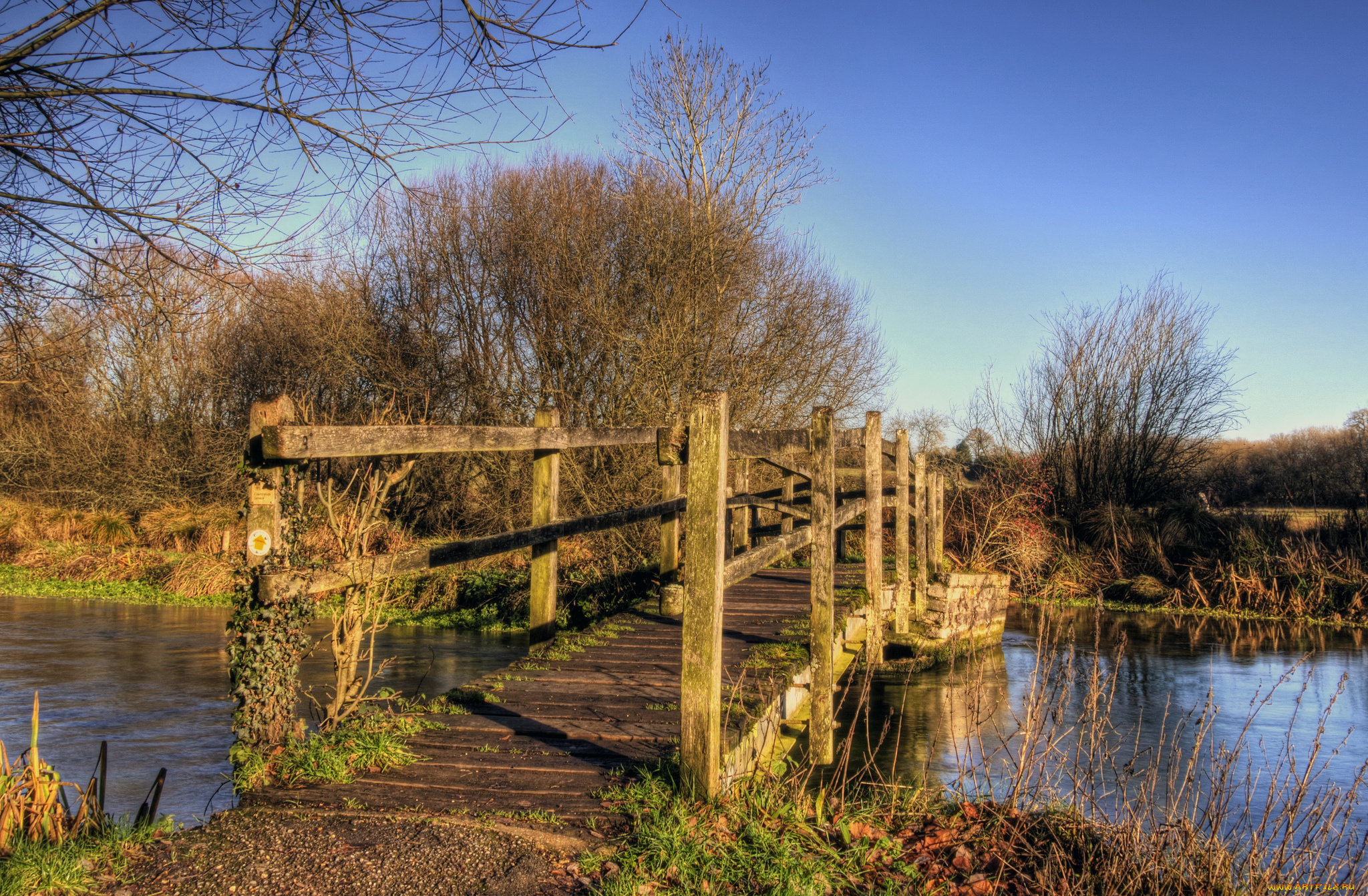 природа, дороги, мостик, река, кусты