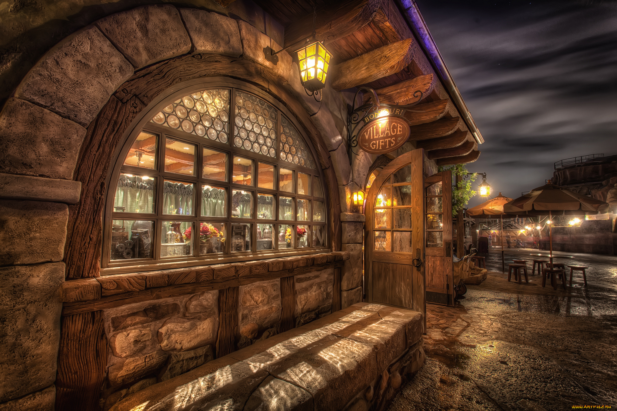 belle`s, village, города, диснейленд, фонари, кафе, улица, ночь