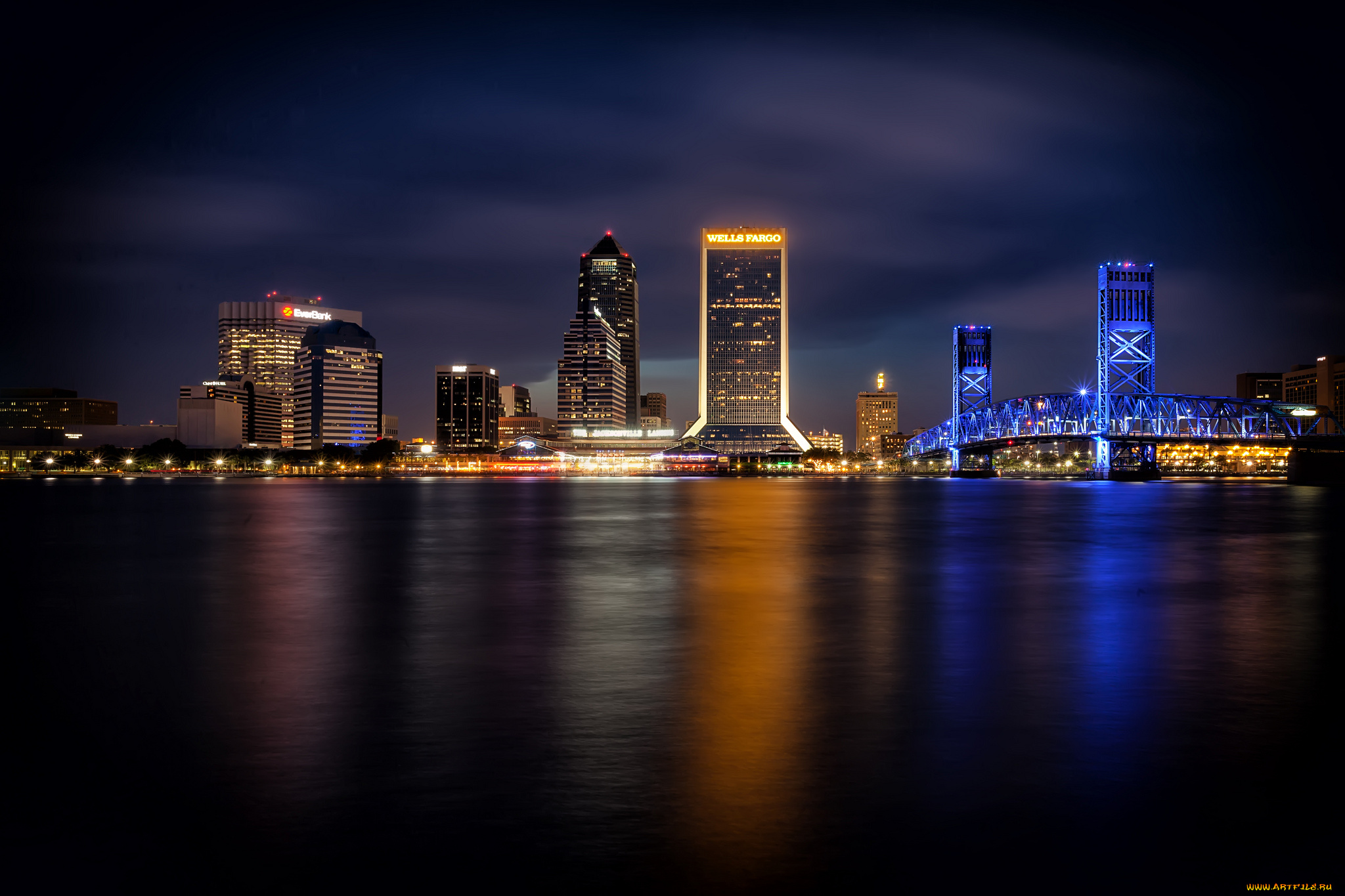 jacksonville, skyline, города, -, огни, ночного, города, здания, ночь, огни, мост