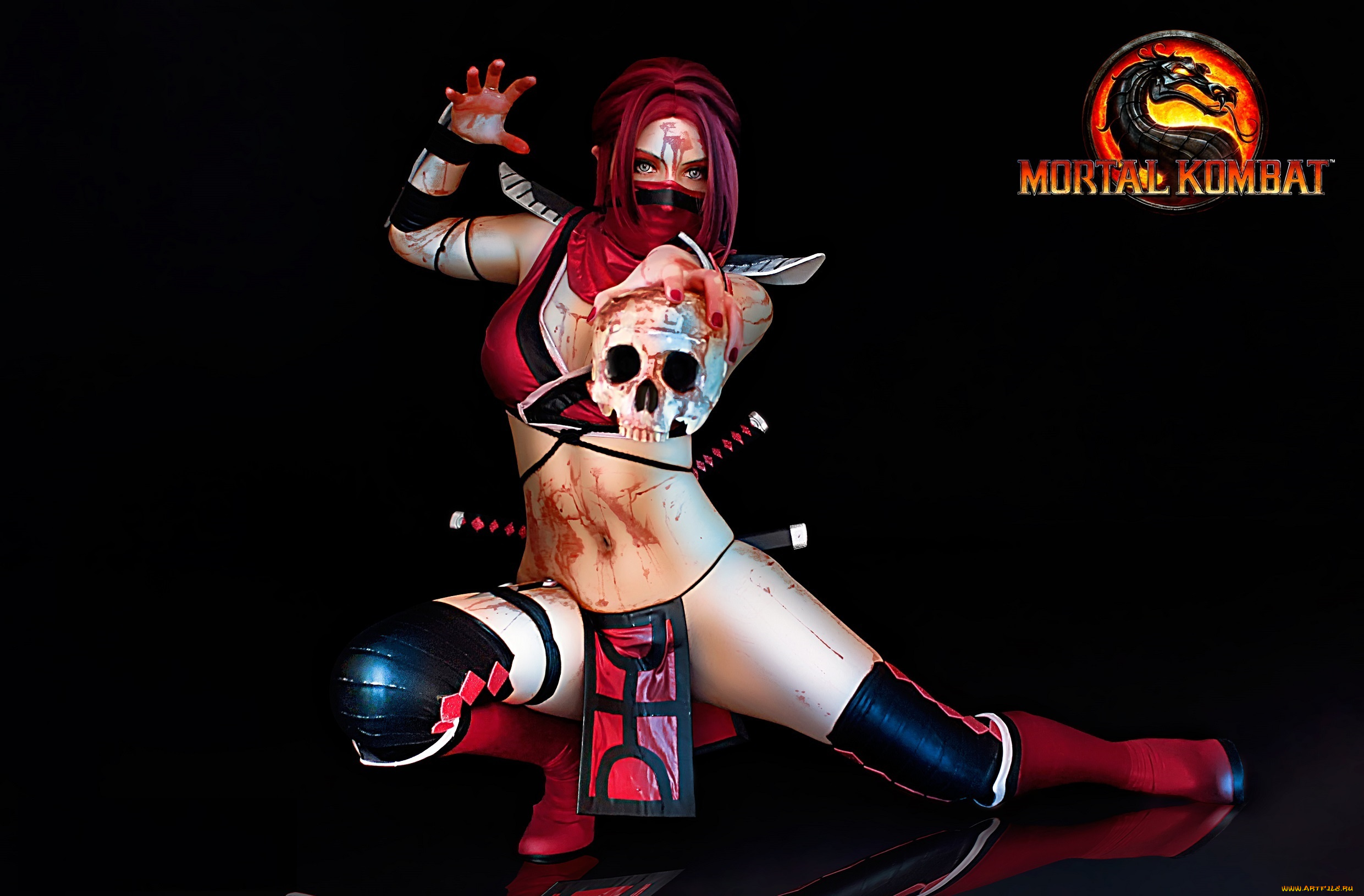 видео, игры, mortal, kombat, игра, череп, взгляд, костюм, skarlet, девушка, косплей, арт, кровь