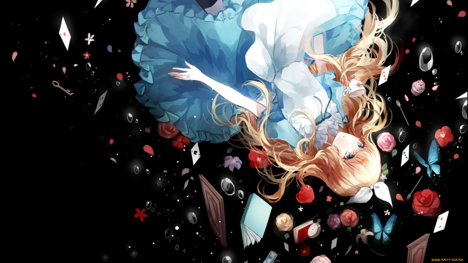 аниме, alice, in, wonderland, alice, in, wonderland, cui-, jidanhaidaitang, цветы, карты, арт, девочка, алиса