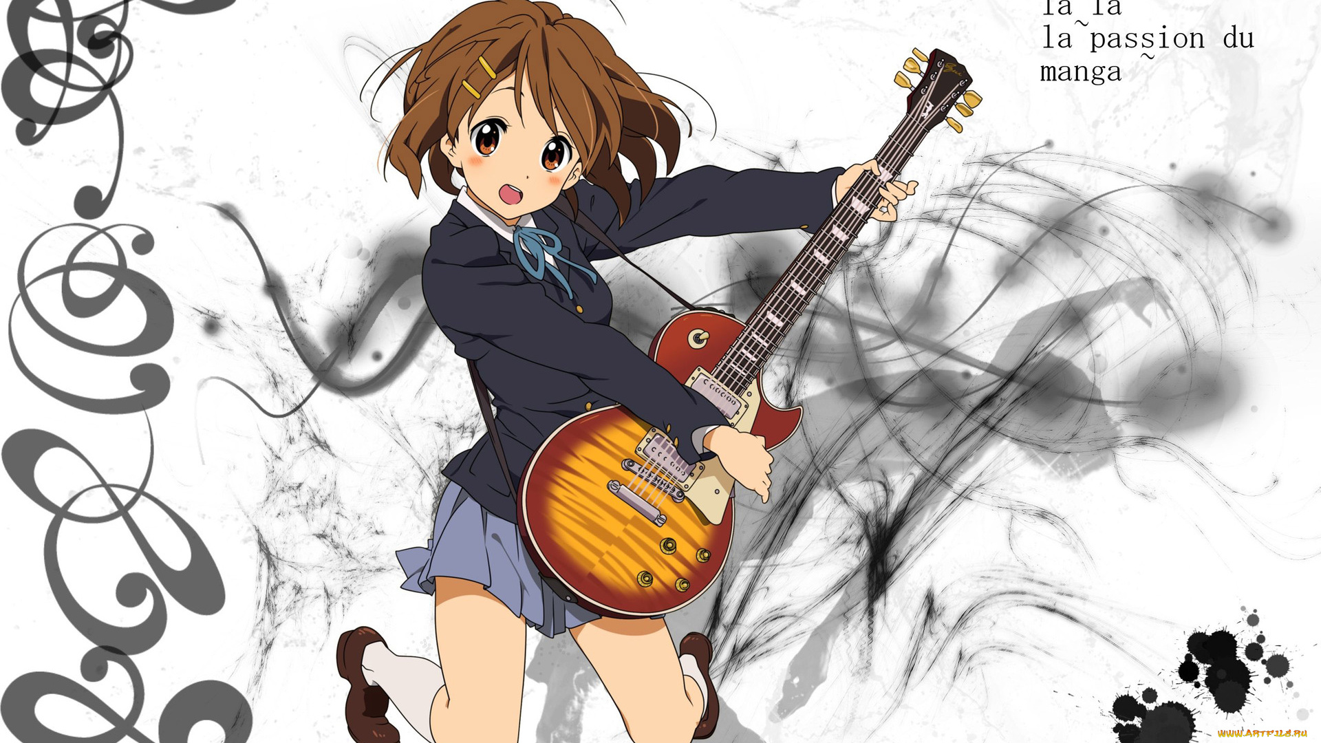 аниме, k-on, девушка, гитара, фон, взгляд