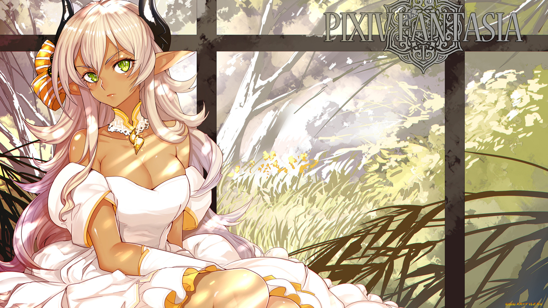 аниме, pixiv, fantasia, девушка, платье, рога, арт, realmbw, pixiv, fantasia