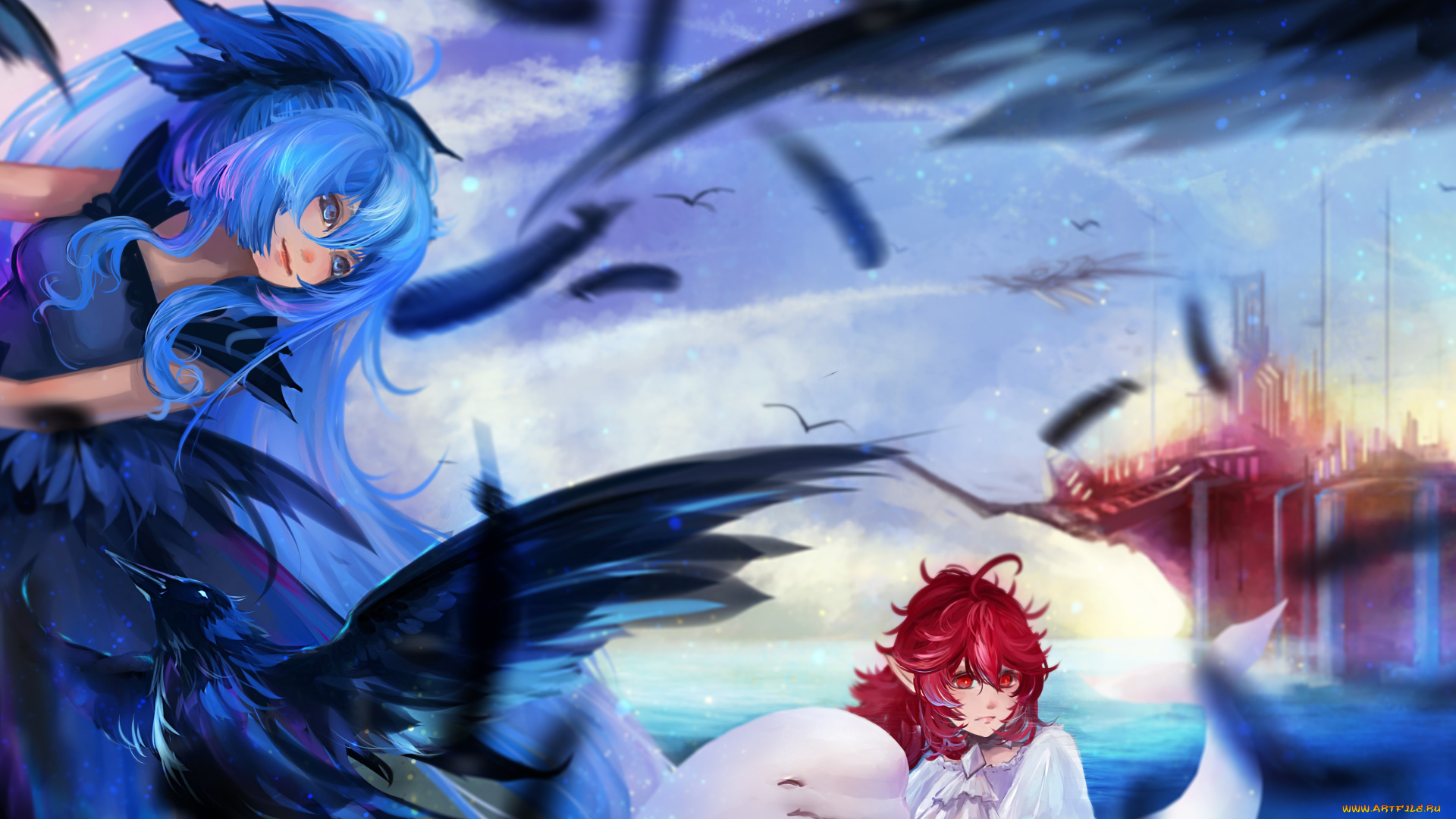 аниме, pixiv, fantasia, вороны, корабль, птицы, девушки, море, небо, арт, reiami, pixiv, fantasia