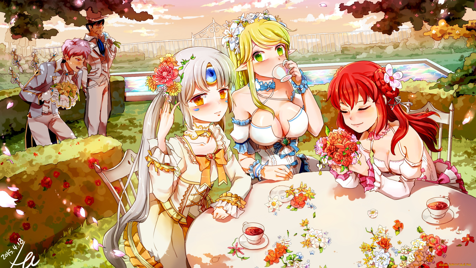 аниме, unknown, , другое, elsword, elesis, eve, raven, rena, tagme, цветы, букеты, artist, девушки, стол, парни