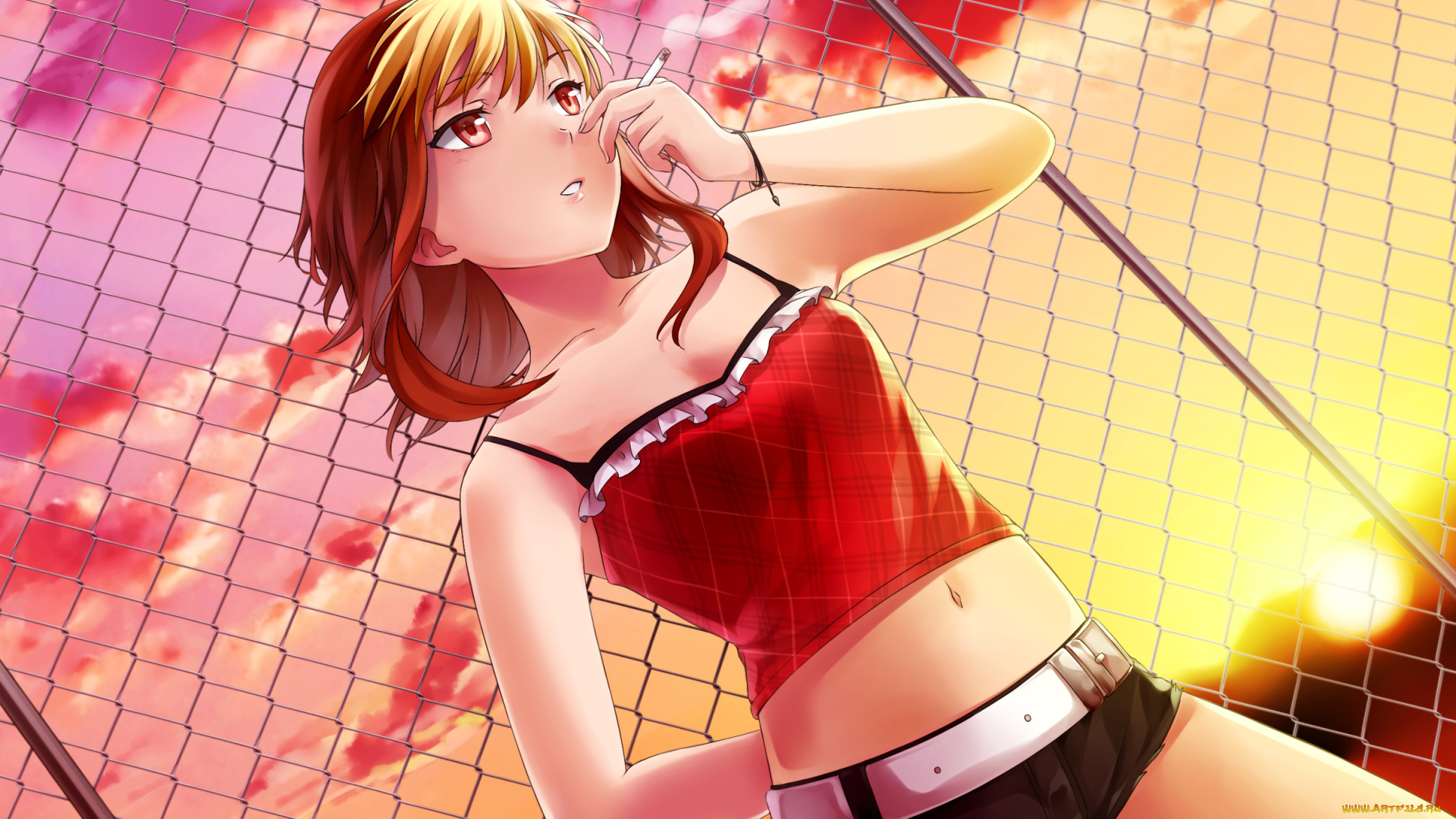 аниме, unknown, , другое, hunie, pop, audrey, belrose, ninamo, арт, сигарета, девушка, закат, сетка