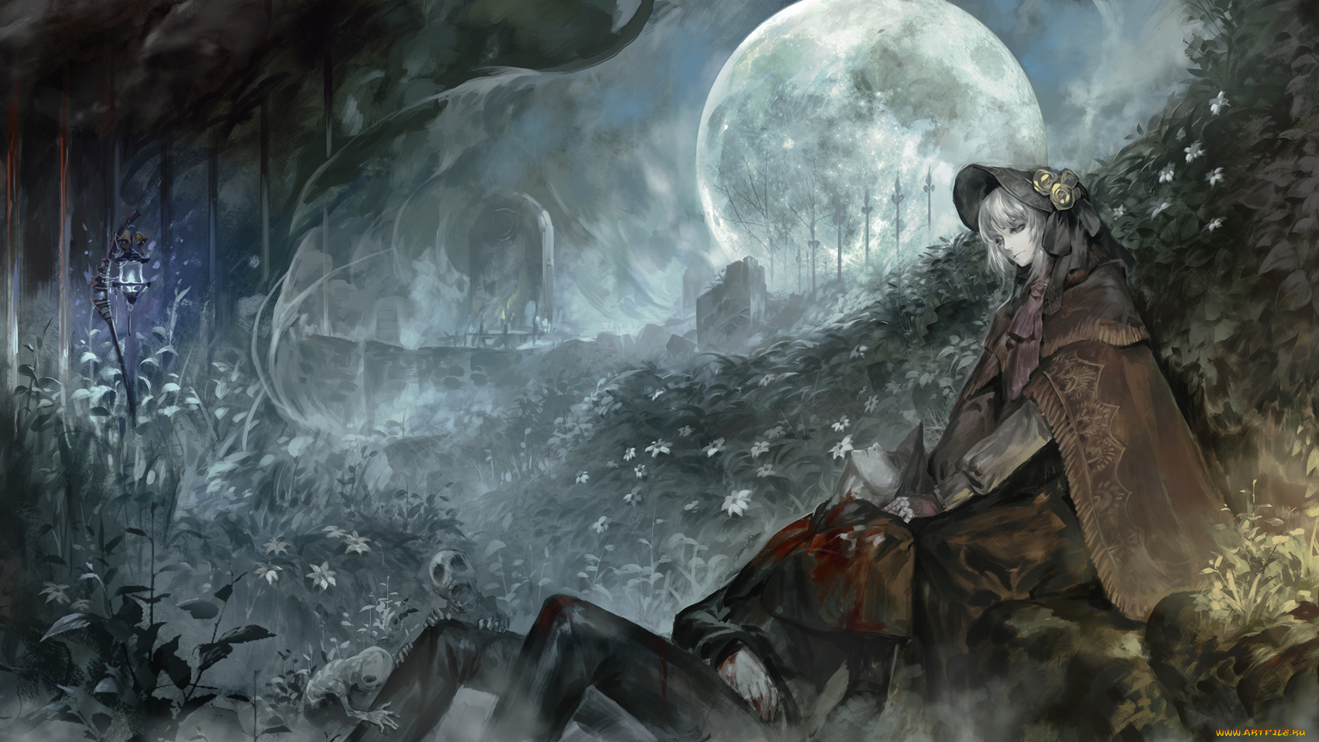 аниме, unknown, , другое, ночь, девушка, парень, арт, растения, alcd, the, hunter, bloodborne, doll, кровь, нежить, луна