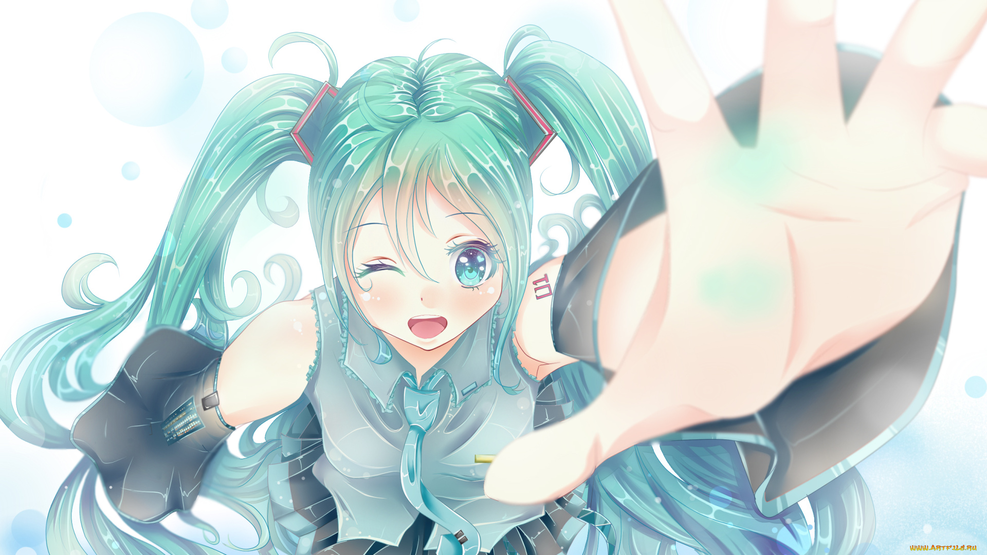 аниме, vocaloid, hatsune, miku, moonblade1999, арт, девушка, взгляд, рука