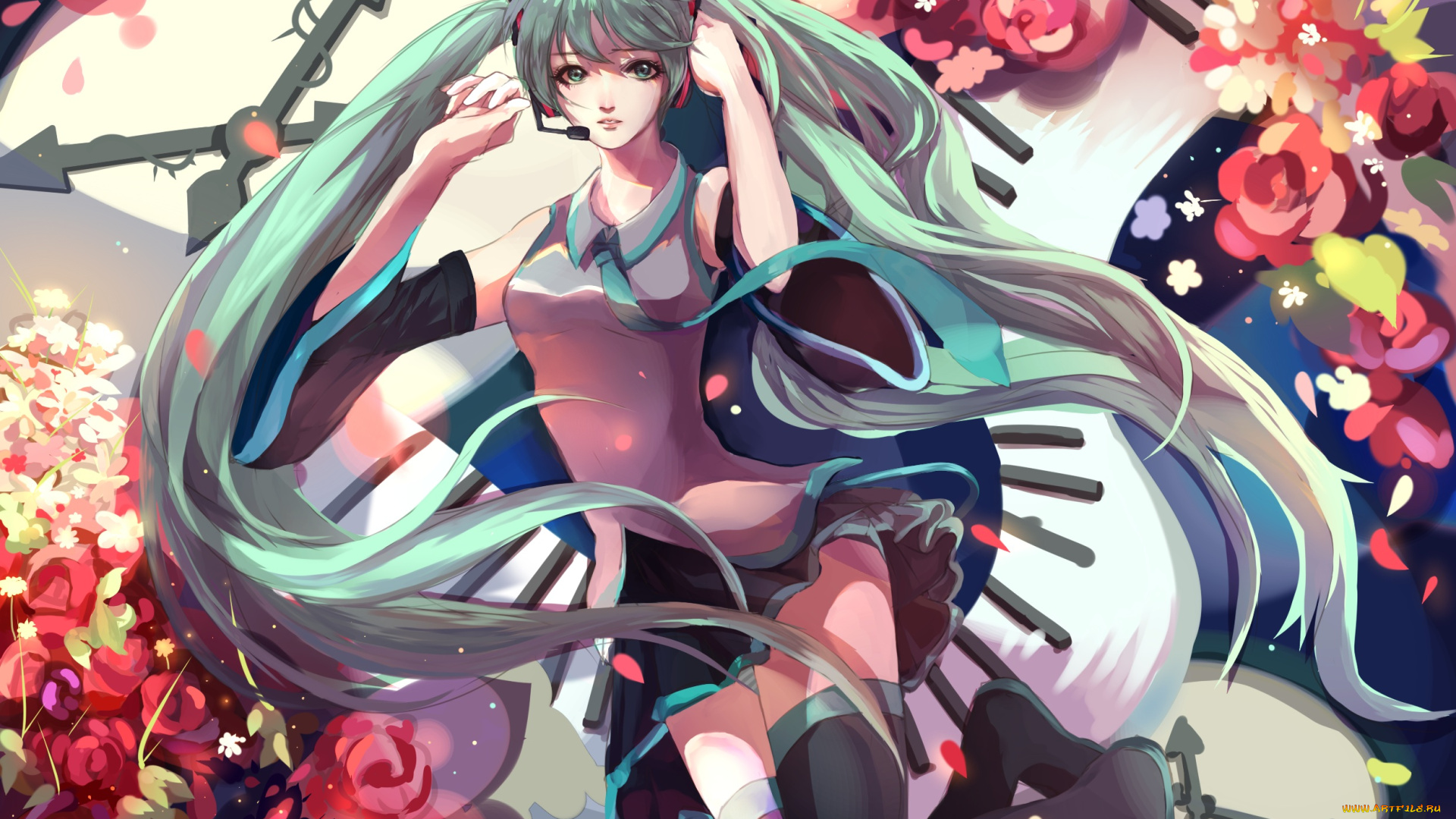 аниме, vocaloid, hatsune, miku, tagme, artist, арт, часы, цветы, девушка, волосы, взгляд