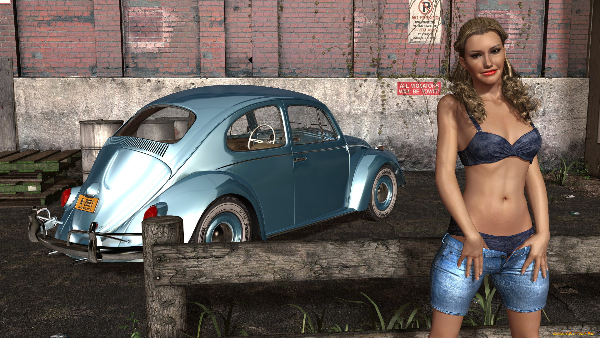 автомобили, 3d, car&girl, фон, шорты, автомобиль, взгляд, девушка