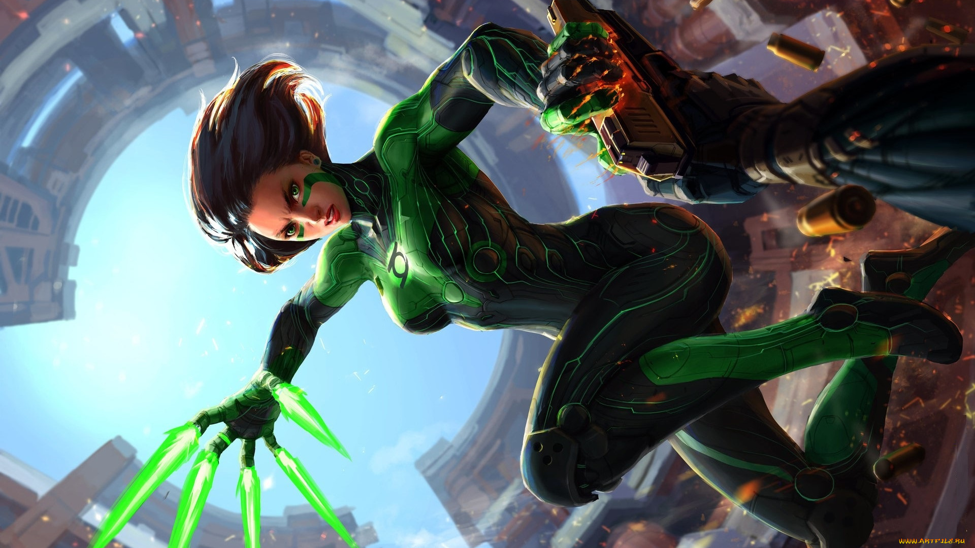 фэнтези, девушки, фантастика, art, zhang, зеленый, девушка, костюм, выстрелы, пули, взгляд