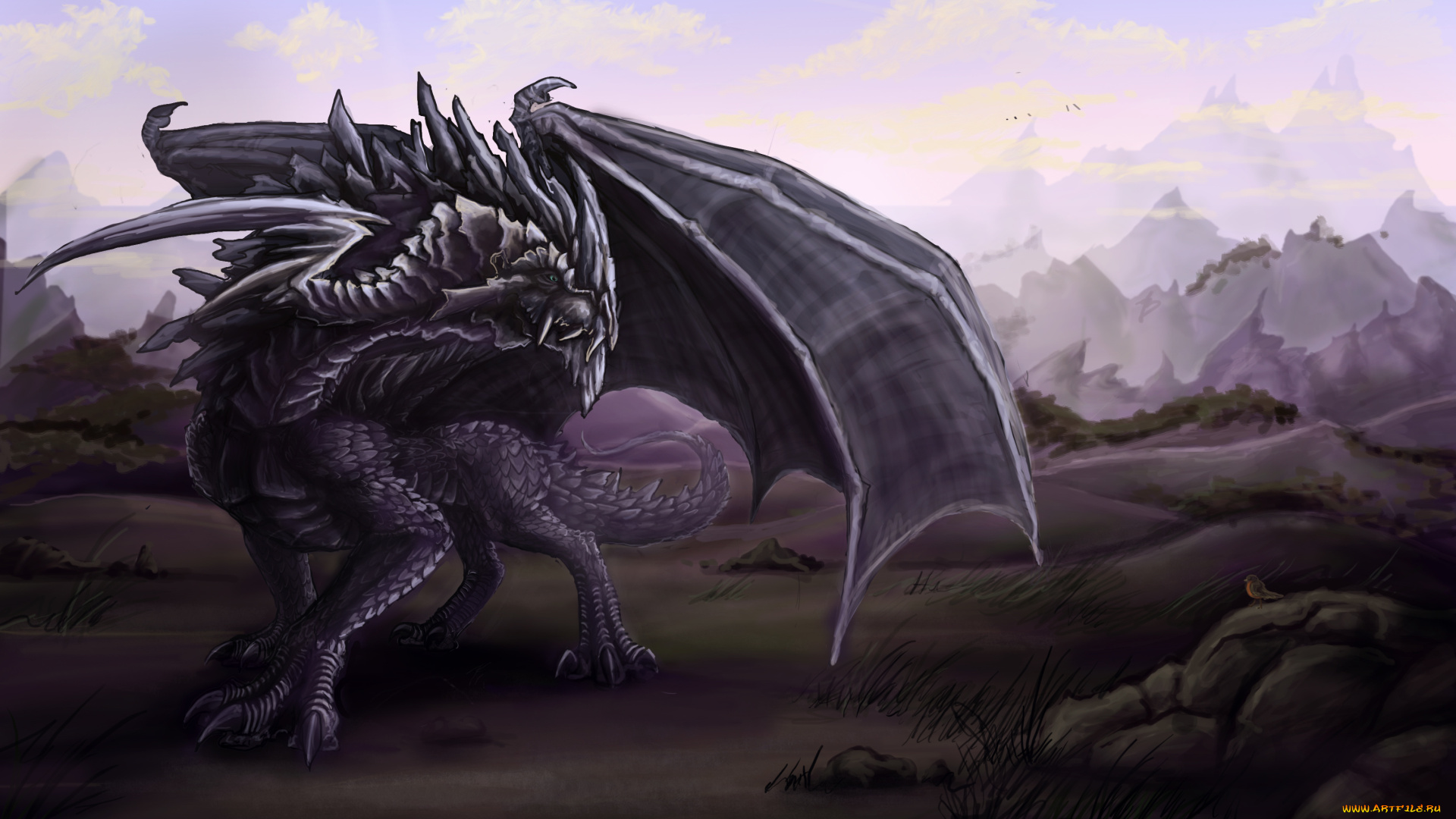 фэнтези, драконы, горы, птичка, дракон, крылья