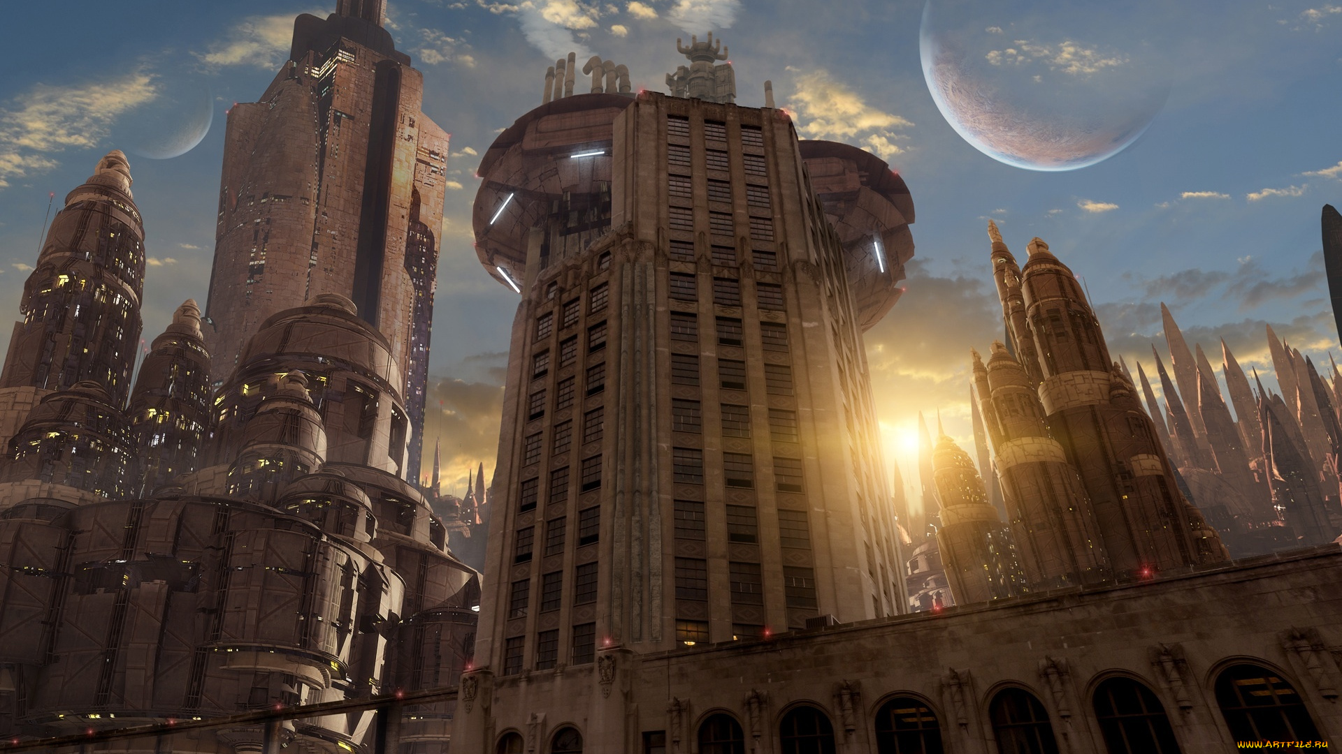 фэнтези, иные, миры, , иные, времена, планета, закат, небоскребы, будущее, мегаполис, арт, город